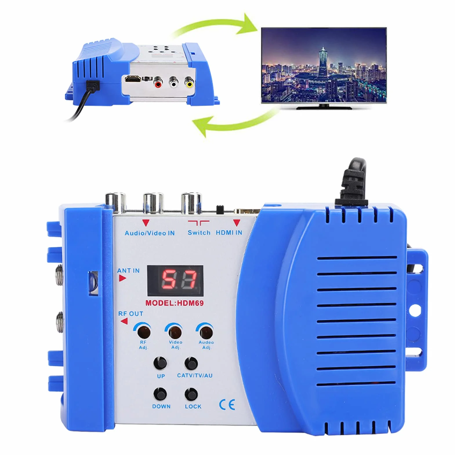 Modulator RF HDMI, Cyfrowy Konwerter AV na RF HDM69 Standardowy Przenośny Modulator VHF UHF PAL dla Regulowanego Poziomu Wyjściowego EU 100‑240 V
