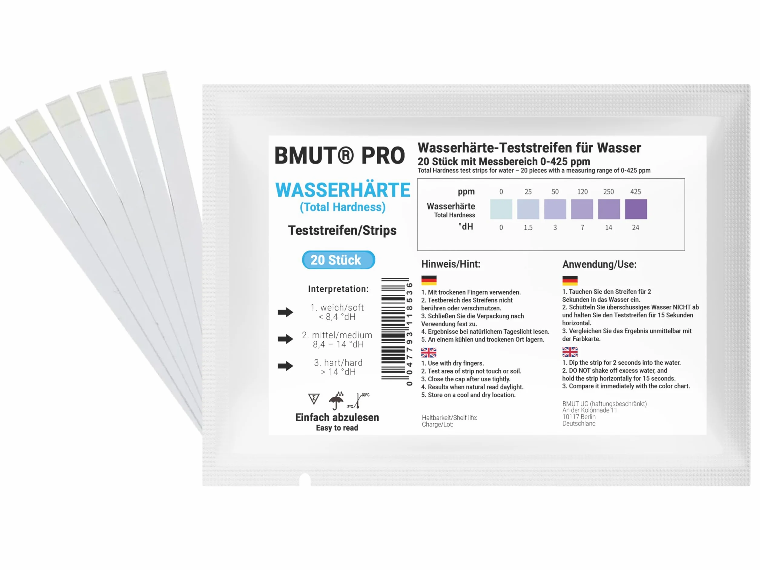 BMUT 20 x Paski do testowania twardości wody Zestaw testowy – °dH niemiecka twardość wody w zakresie miękkiej, średniej i twardej oraz 0-425 ppm, całkowita twardość