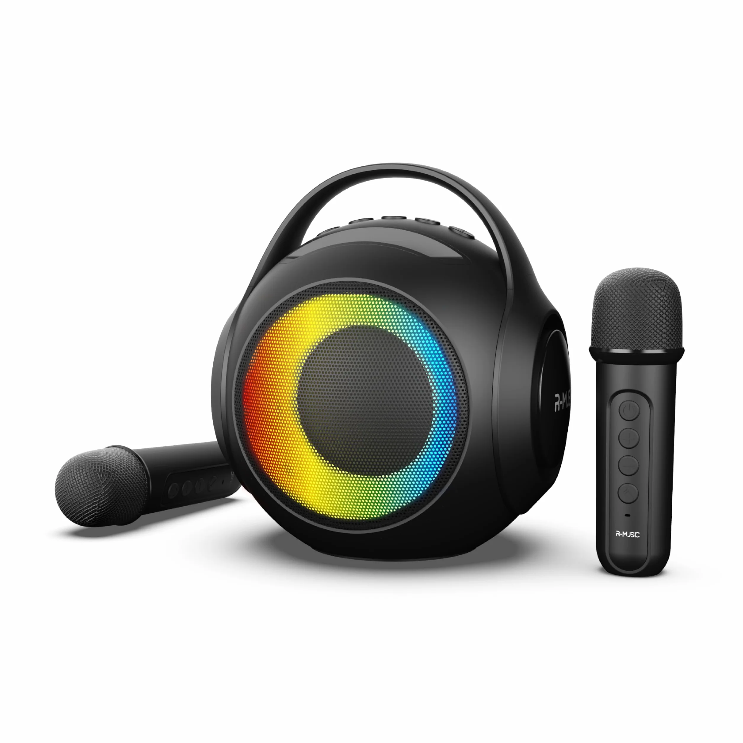 R-MUSIC DUOLED - Bezprzewodowy głośnik RGB z 2 mikrofonami do karaoke - porty AUX/Micro SD/USB, 11 zestawów świateł, 2 mikrofony w zestawie, uchwyt do smartfona, zniekształcenie głosu