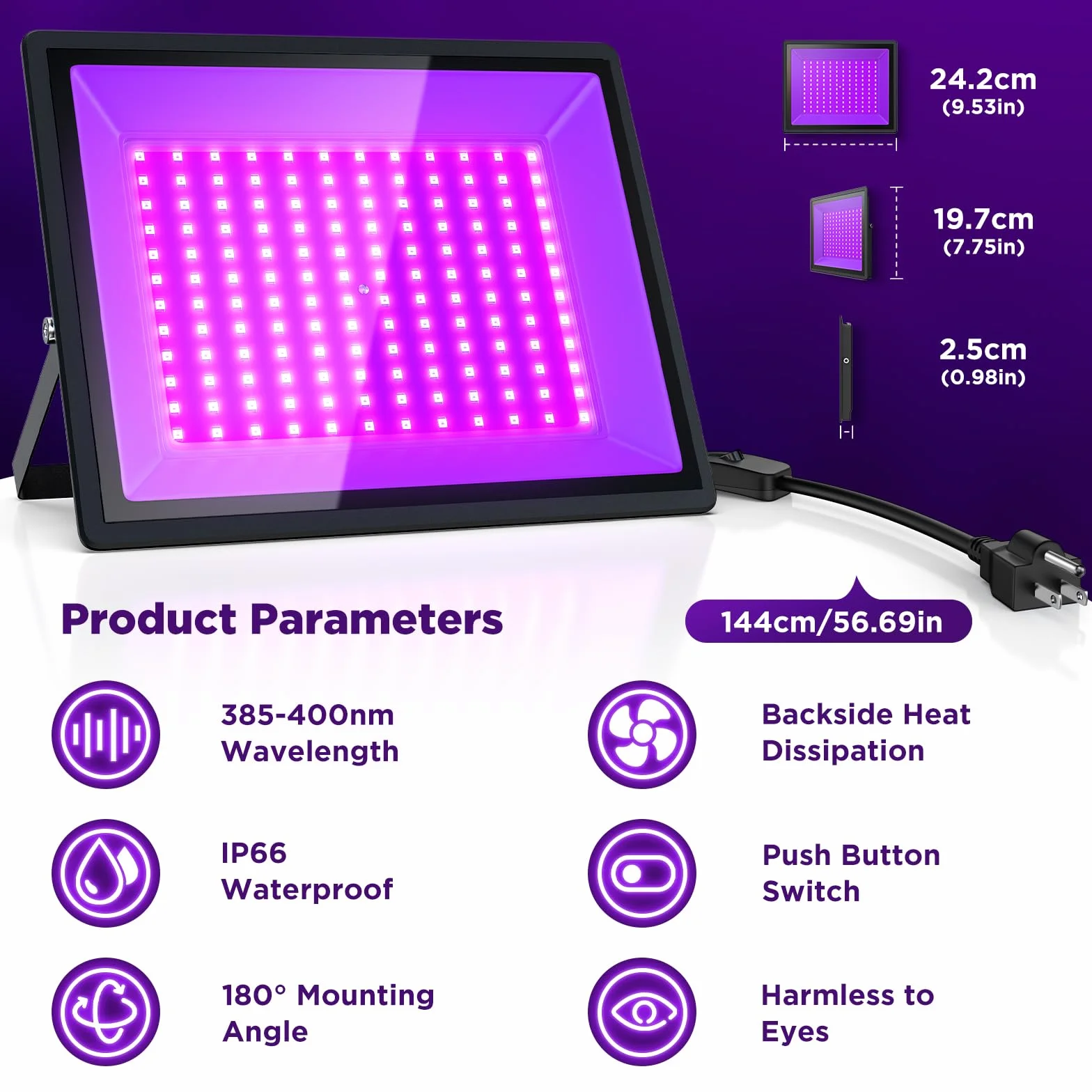 Czarne Światło LED 150 W - UV na Boże Narodzenie, Halloween, Neonowe Przyjęcie, Malowanie Ciała, Utwardzanie Żywicą - Wodoszczelność IP66 (2 Sztuki)
