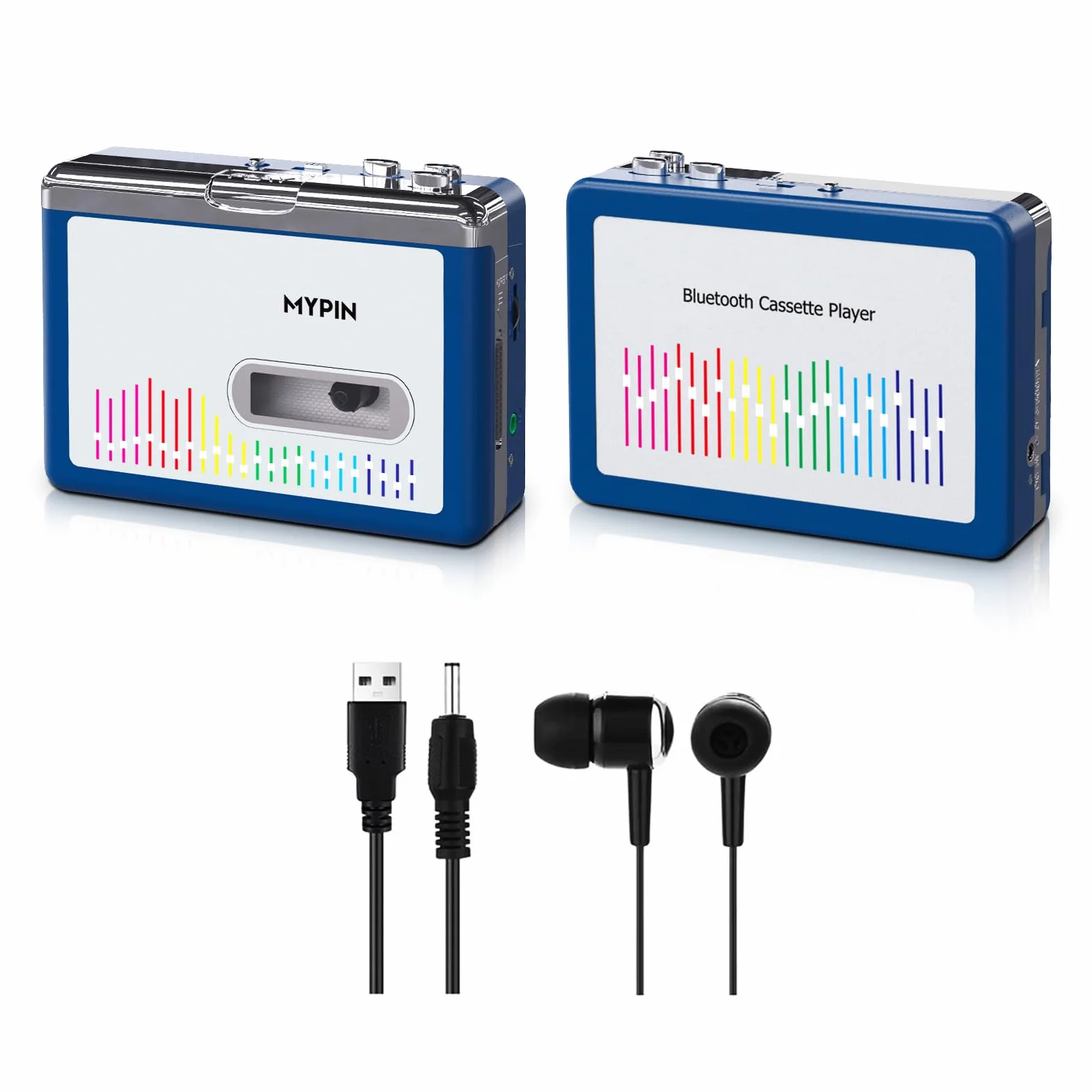MYPIN Odtwarzacz kasetowy Bluetooth z zestawem słuchawkowym, napęd wyjściowy Bluetooth z zestawem słuchawkowym/głośnikiem, przenośny odtwarzacz kasetowy, 2 baterie AA lub zasilanie USB, złącze
