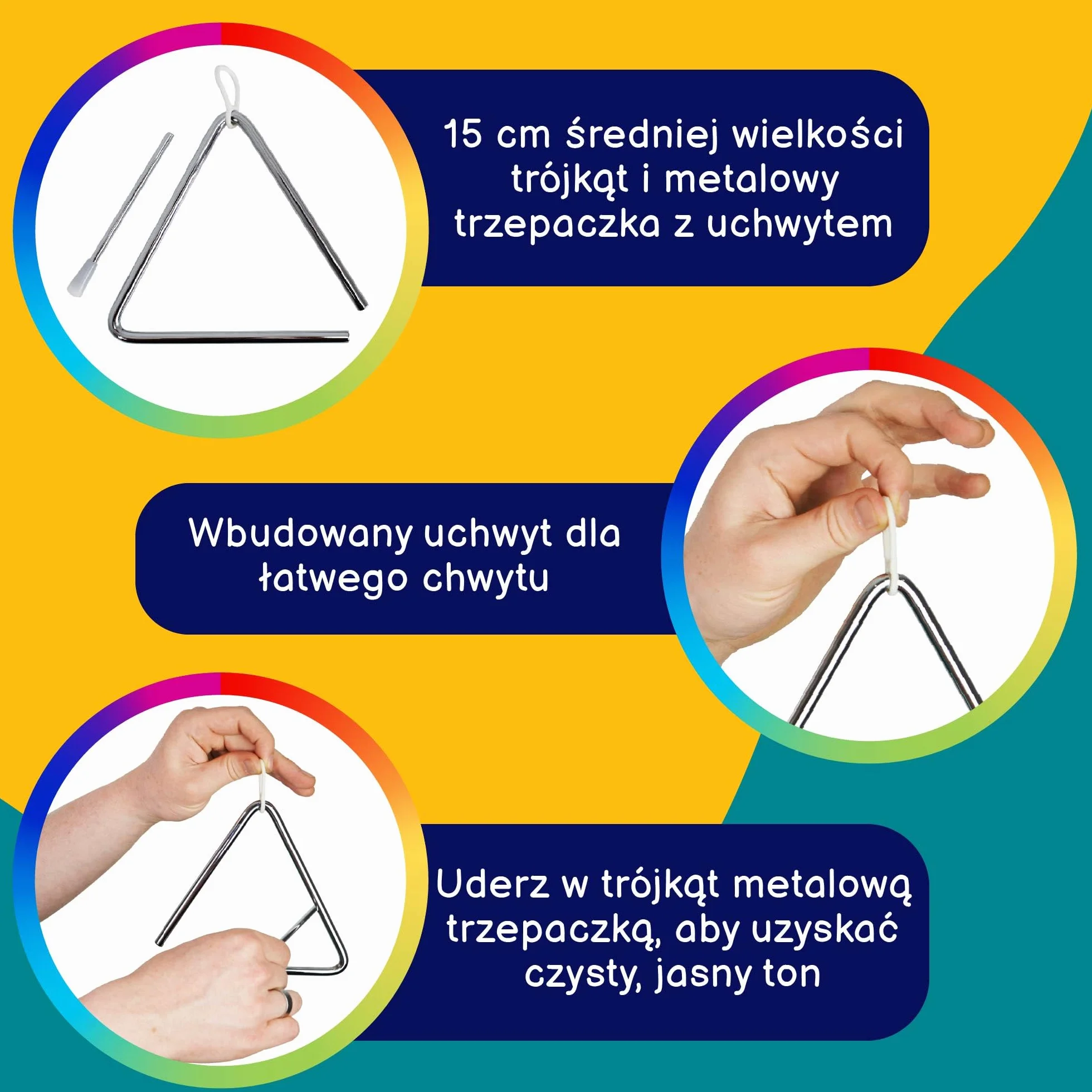 A-Star Tradycyjny metalowy trójkąt muzyczny — 15 cm/8 cali z metalowym ubijakiem