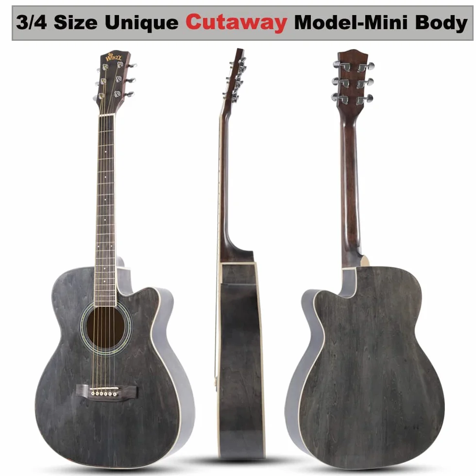 Winzz gitara akustyczna dla dzieci 3/4, gitara Western, Czarno-szary, 36”, zestaw dla początkujących