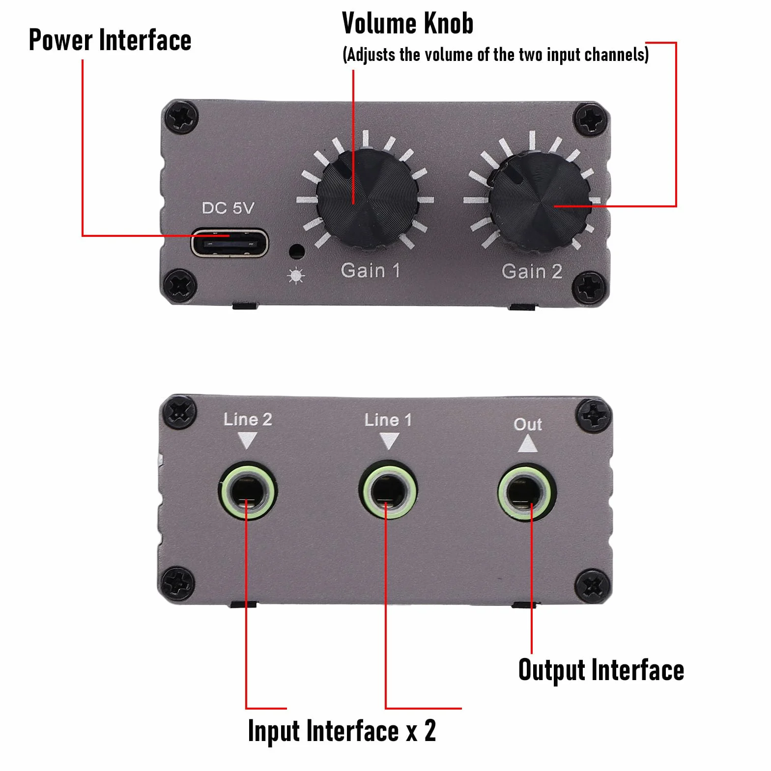 2-Kanałowy Mikser Audio, Mini Mikser Stereo 2 Wejścia I 1 Wyjście, Interfejs 3,5 Mm, Dwa Niezależne Pokrętła Regulacji Głośności, Do Komputera, Telefonu, Laptopa, Słuchawek