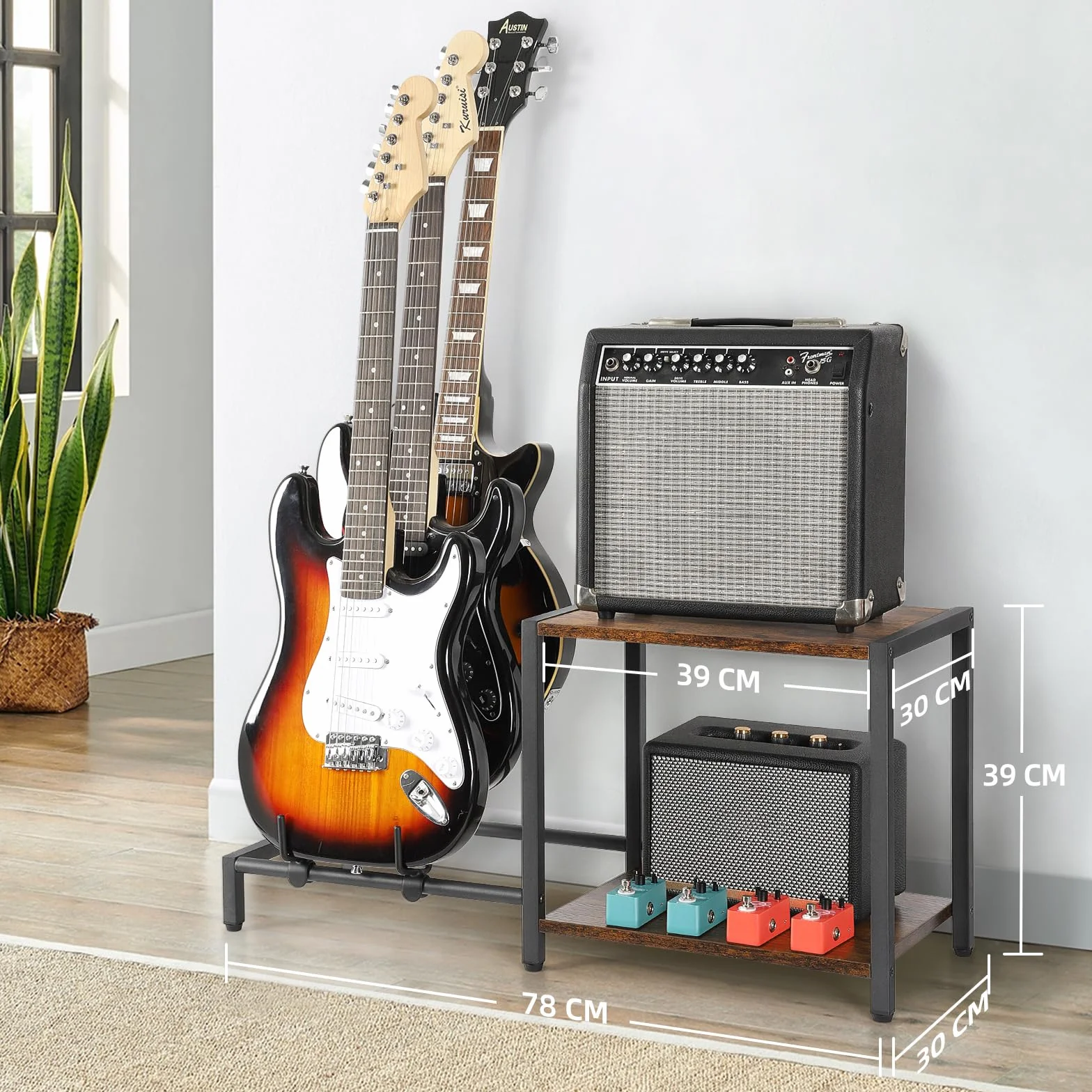 Stojak gitarowy podłogowy, 3-uchwytowa elektryczna gitara basowa ze stojakiem na wzmacniacz gitarowy, regulowany uchwyt gitarowy, stojak gitarowy na wiele gitar i akcesoriów gitarowych
