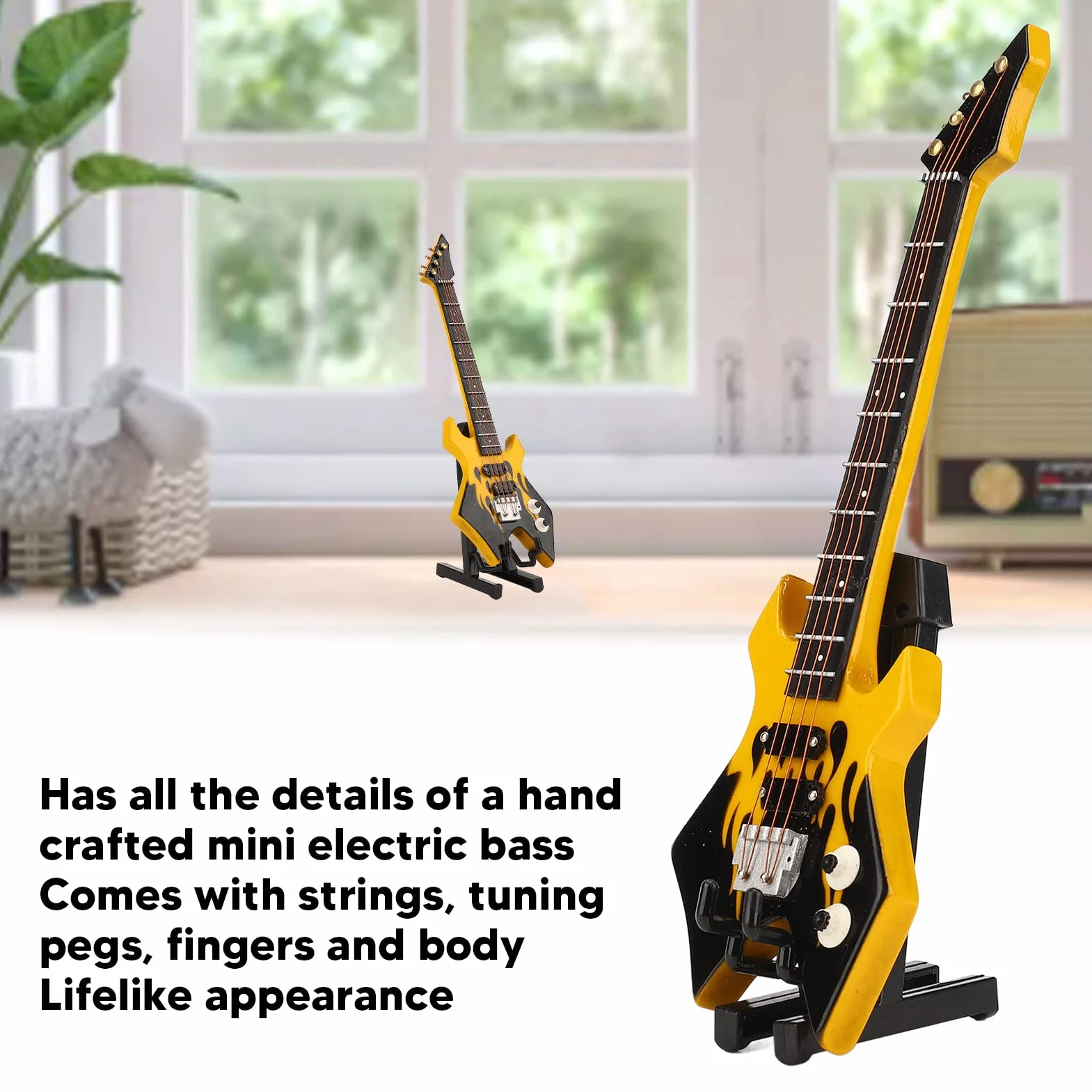 Mini Bas, Symulacja Klasyczna Kolekcja Instrumentów Dekoracyjnych Miniaturowy Model Gitary do Sypialni Studyjnej(Żółty)