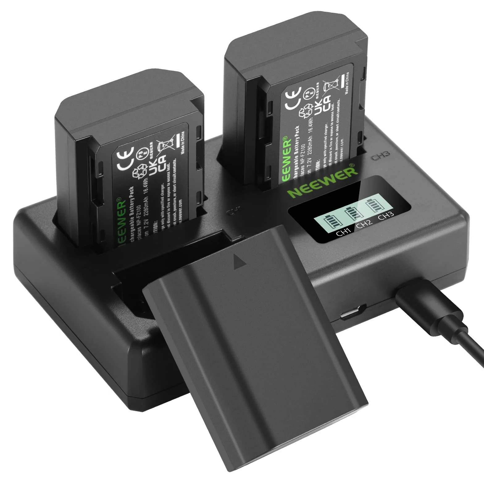 NEEWER NP-FZ100 Wymienna bateria i ładowarka, zestaw 3 szt. 2280 mAh NP-FZ100 i ładowarka USB z potrójną szczeliną, kompatybilna z Sony A1, A9, A9 II, A7R IV, A7S III, A7 III, A7 IV, A6600, A7C
