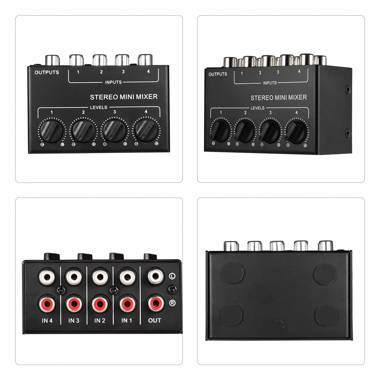 Mikser dźwięku mini stereo z 4-kanałowymi wejściami cinch, oddzielny regulator głośności, Full Metal Shell