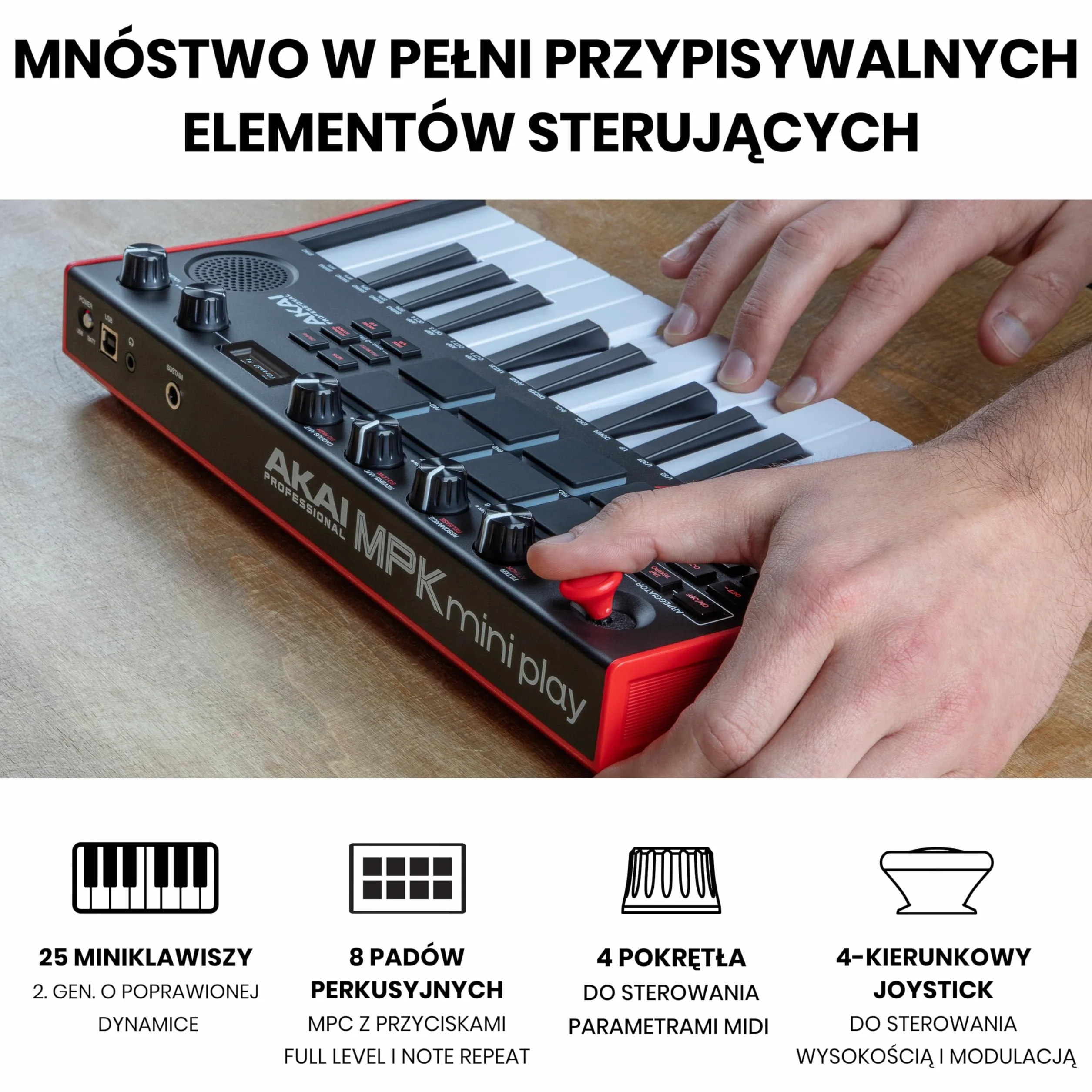 Akai Professional MPK Mini Play MK3 – klawiatura sterująca MIDI z wbudowanym głośnikiem i brzmieniami, dynamiczną klawiaturą, padami MPC, pakietem oprogramowania oraz pakietem Native Instruments