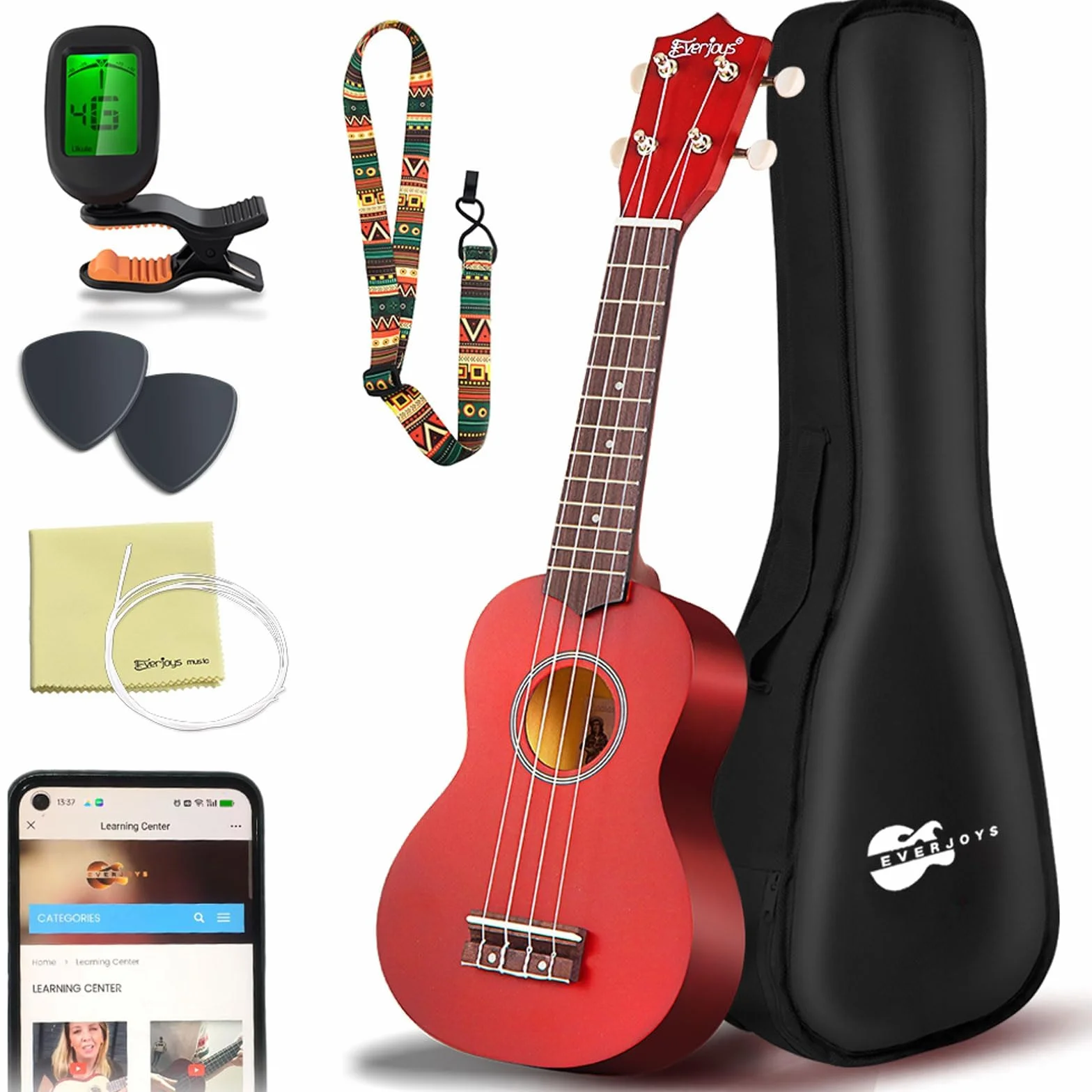 Everjoys Ukulele sopranowe, zestaw startowy dla dzieci i dorosłych, 21 cali, z torbą, tunerem, piosenkami, strunami, pickiem, mała gitara hawajska, mahoń
