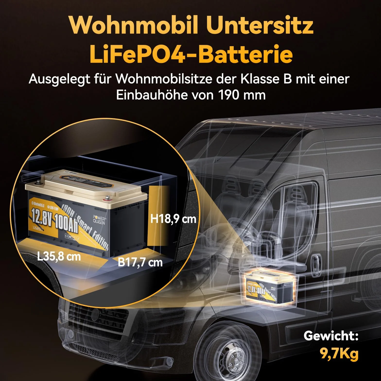 Power Queen LiFePO4 bateria litowa 12V 100Ah Bluetooth H190, DIN H8 L5, bateria głębokocyklowa 1280Wh z systemem BMS 100A i ochroną przed niskimi temperaturami, idealna do kamperów, kempingu, przyczep