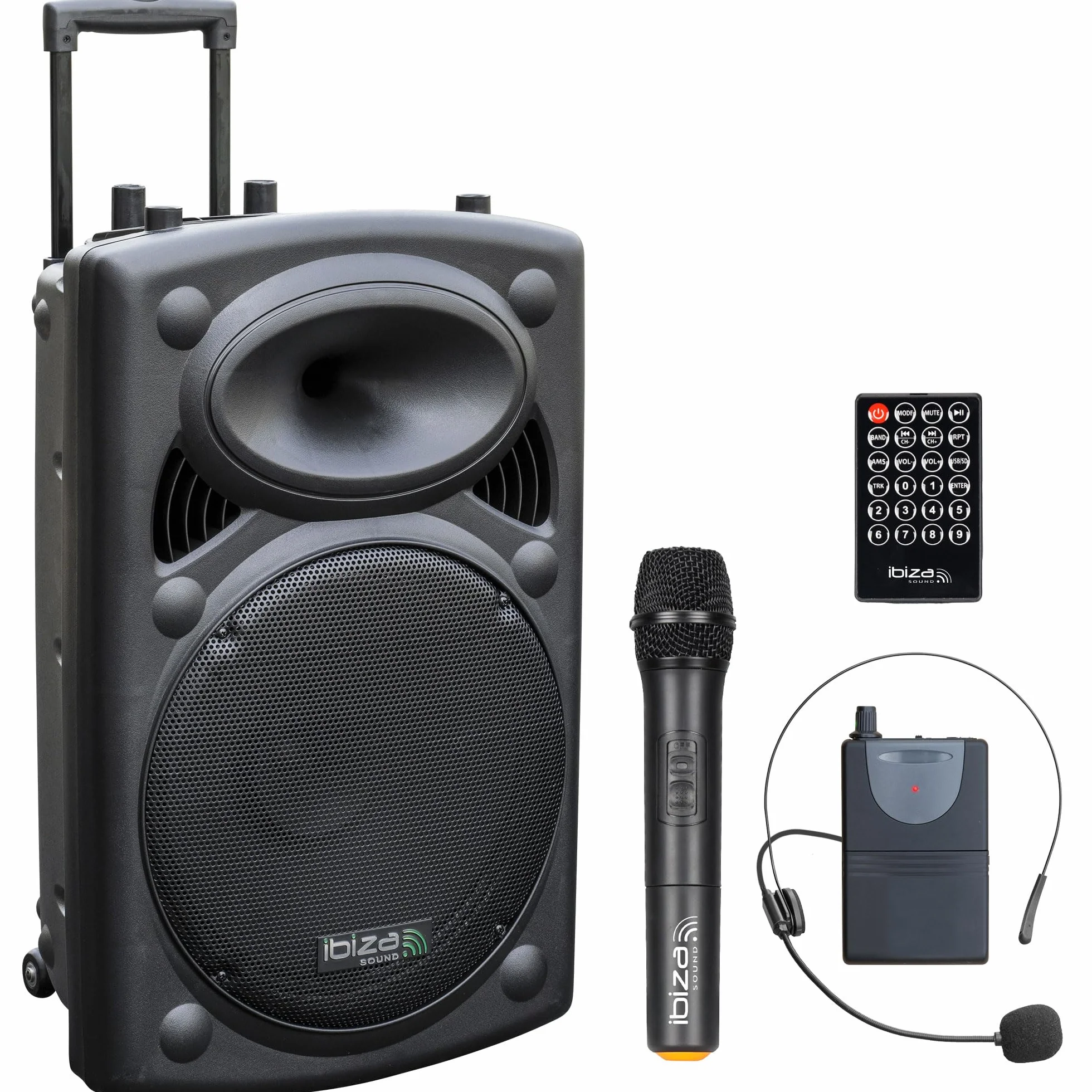 Ibiza PORT15UHF-BT 15"/38 cm Przenośny Głośnik PA z Zasilaniem Bateryjnym i Bluetooth – Maks. 800 W / 400 W RMS – Karaoke z 2 Mikrofonami UHF w Zestawie – TWS – USB, SD, REC, VOX – Trolley