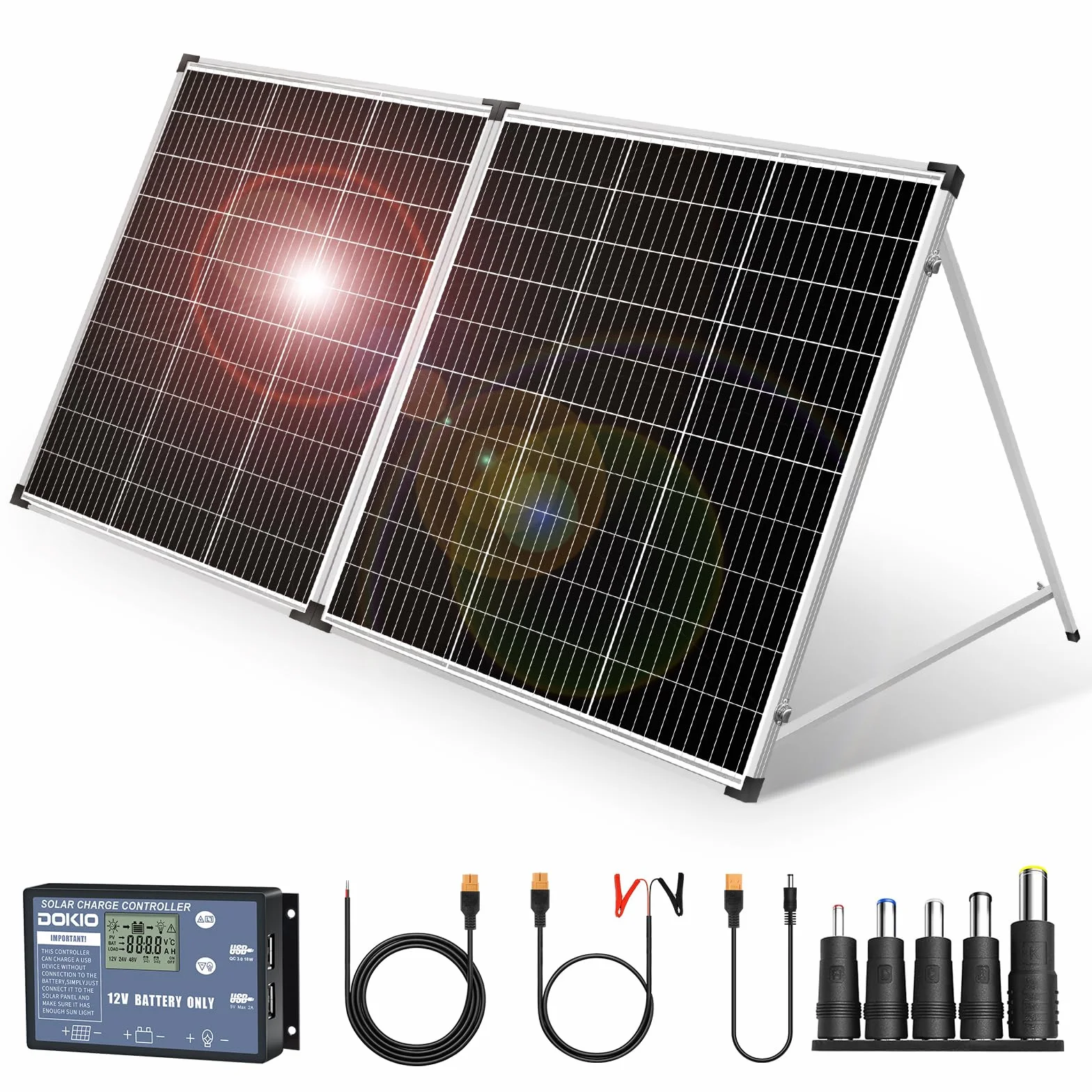 DOKIO Walizka solarna 200 W 18 V na baterie 12 V i stacja zasilająca z regulatorem ładowania (2 porty USB), torba transportowa