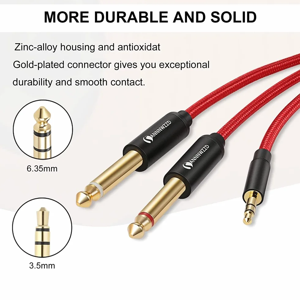ANNNWZZD Kabel audio TRS na Dual 6,35 mm Mono Y audio, podwójna wtyczka jack 6,35 TS na 3,5 TRS kabel rozdzielający audio, kabel instrumentalny z plecionką nylonową do interfejsów cyfrowych (2 m)