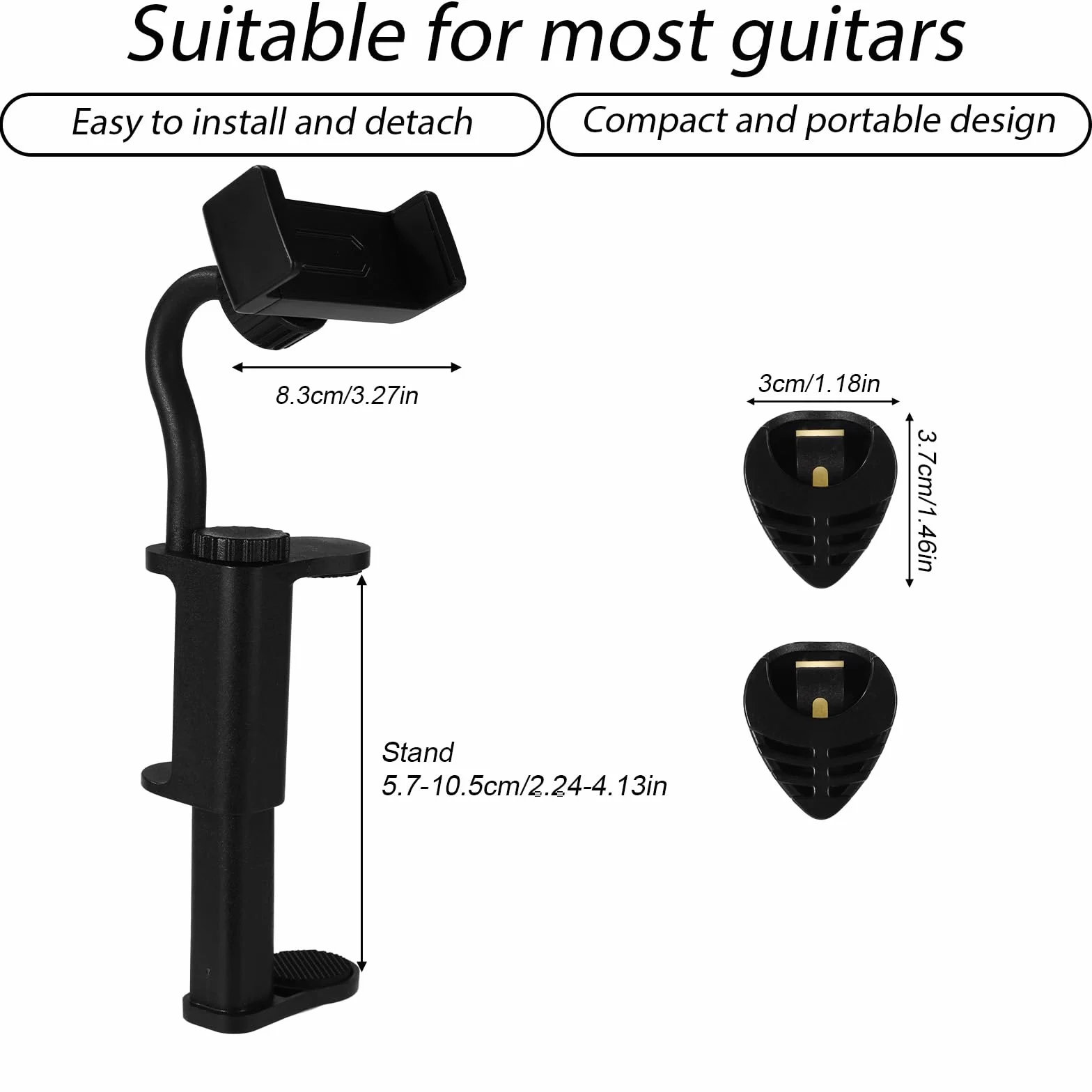 Uchwyt na Telefon do Gitary z 2szt Futerałami Kostki, Regulowany Obrotowy Uchwyt Słuchawki do Gitary Ukulele Basowego Nuty Transmisje Żywo Nagrywanie Wideo Nauka Online (Czarny)