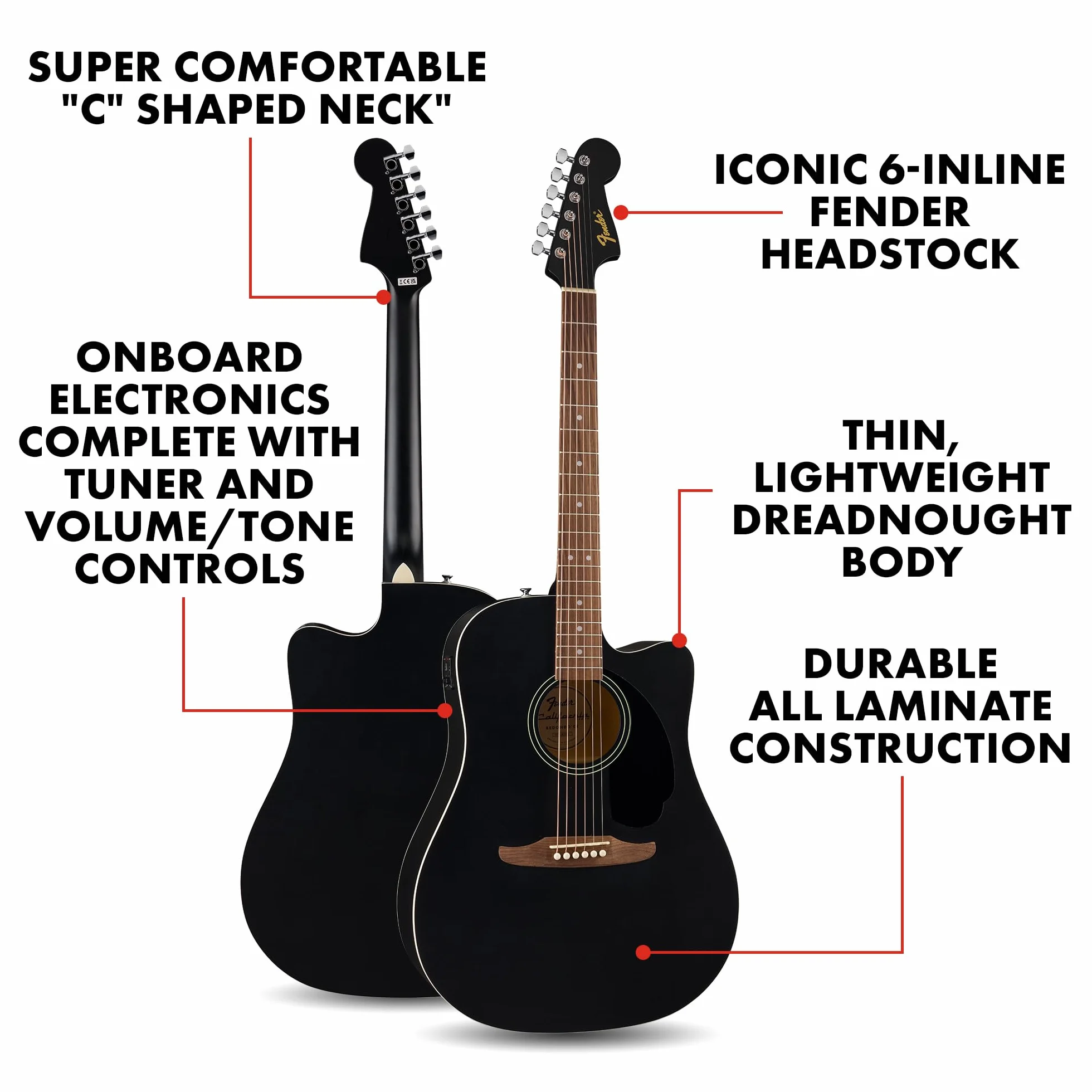 Fender California Debut Redondo Dreadnought z wycięciem gitara akustyczna CE, świerkowy top, czarny pickguard, czarny