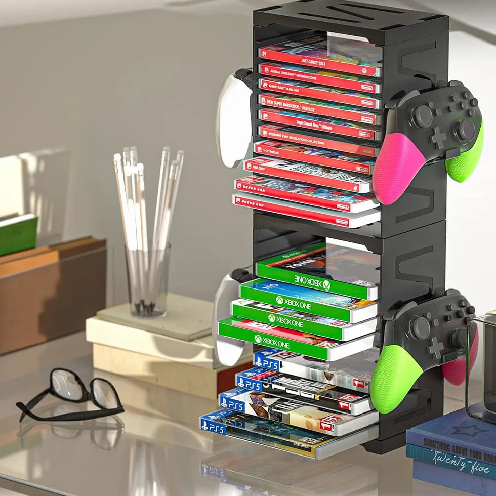 Wieża do przechowywania gier dla PS5, PS5 Przechowywanie płyt CD z grami, stojak na 24 płyty CD i 4 kontrolery dla SWITCH, Xbox Series S & X, Xbox One, PS4, PS3, Blu Rays