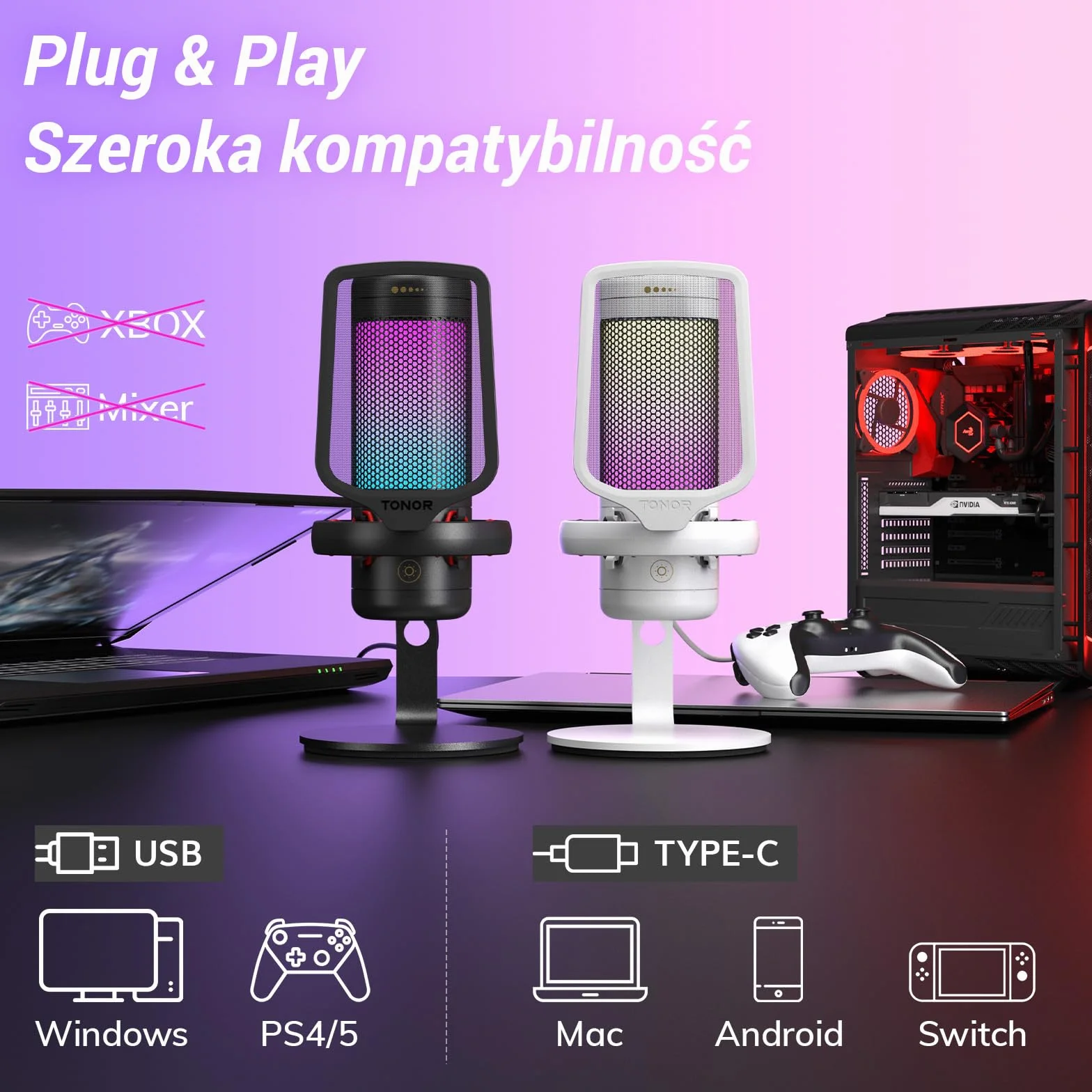TONOR TC320 Mikrofon USB z kontrolą RGB/wzmocnienia, wyciszenie dotykowe do streamowania, podcastów, Twitch/YouTube/Discord, mikrofon komputerowy ze stojakiem na Mac/PS4/PS5/NS czarny