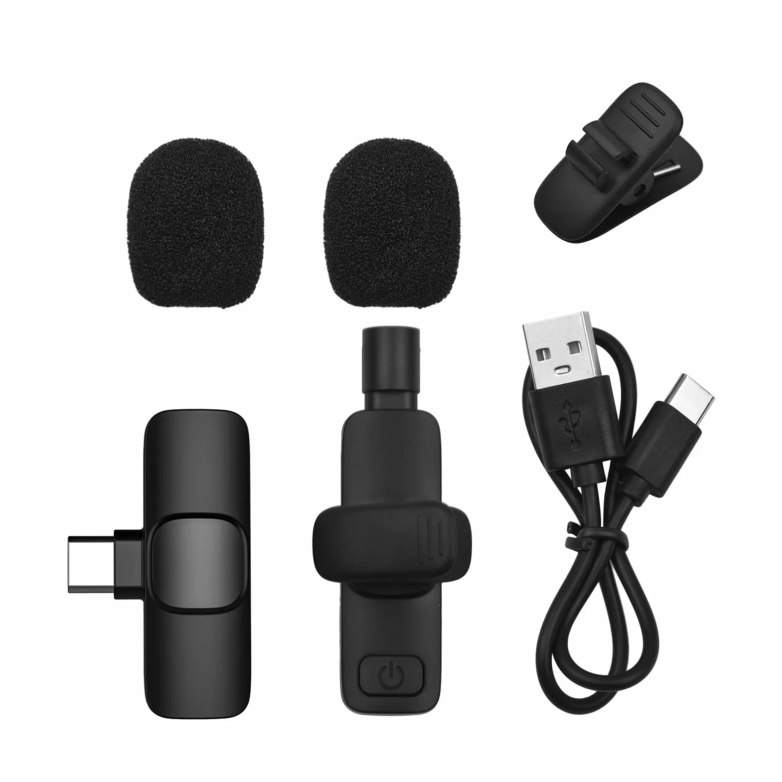 Andoer Mini bezprzewodowy mikrofon lavalier, wielokierunkowy nadajnik mikrofonowy, odbiornik, system mikrofonowy z ochroną przed wiatrem, port typu C, zamiennik do smartfonów z systemem Android Live