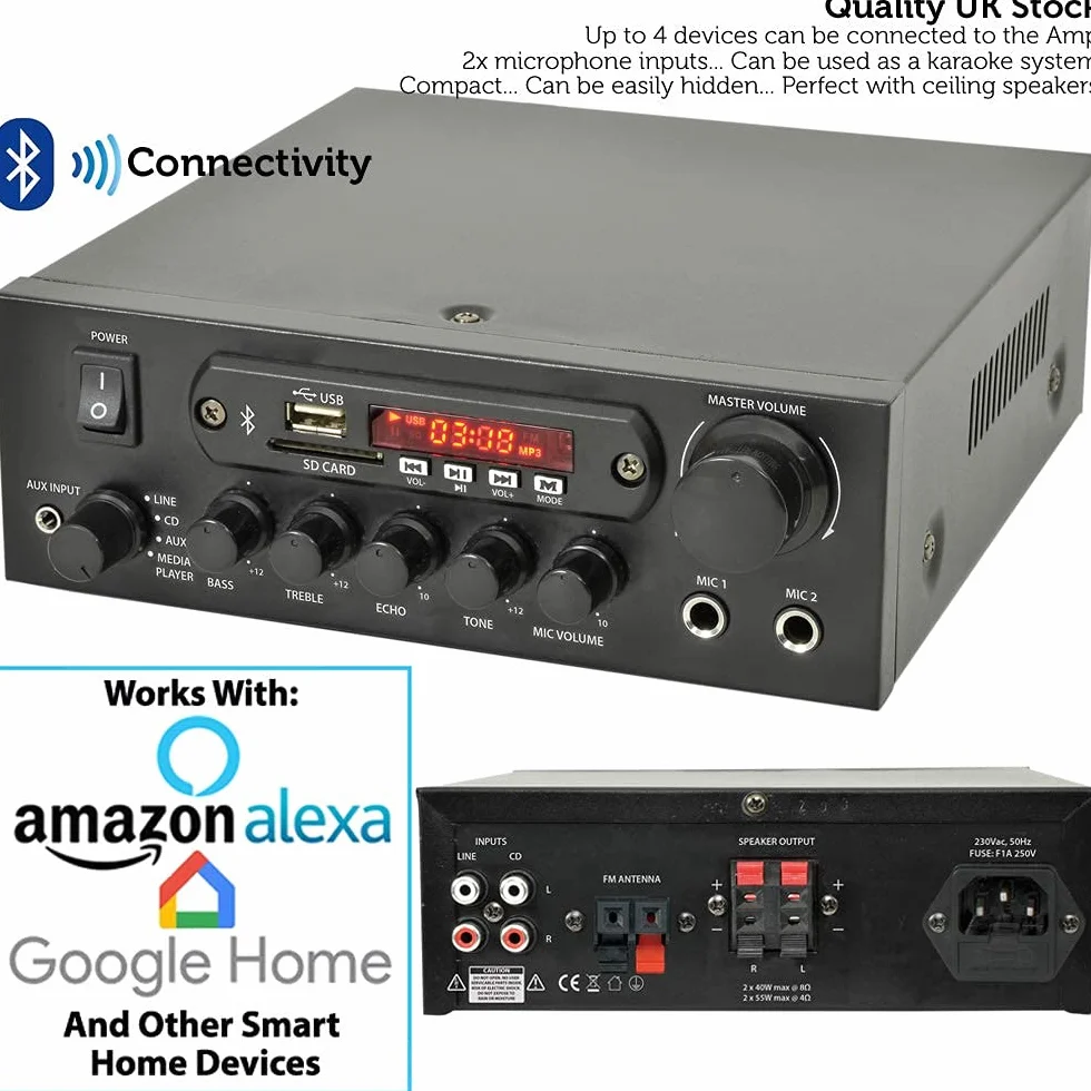 SMART HOME 4-strefowy zestaw BLUETOOTH – 8 x 180 W 10 cm czarny głośnik do montażu na ścianie, wzmacniacz stereo 110 W, kabel rozdzielacz głośników *ECHO ALEXA SPOTIFY* bezprzewodowy system wzmacniacza dźwięku HiFi - bar pub Home Surround