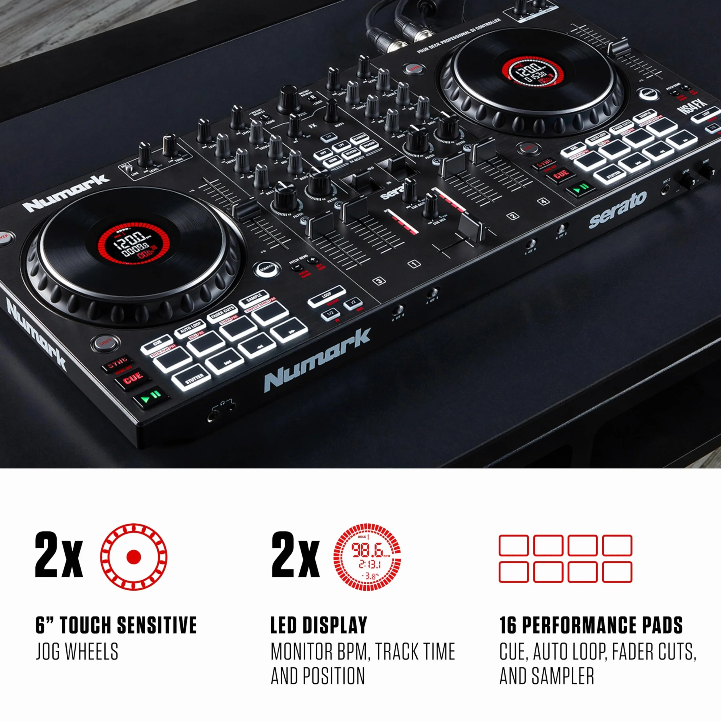 Numark NS4FX 4-Kanałowy DJ Kontroler, Dotykowe Koła Jog z Wyświetlaczem, Pady i Efekty, Wyjście Booth i Główne, w Komplecie Serato DJ Lite