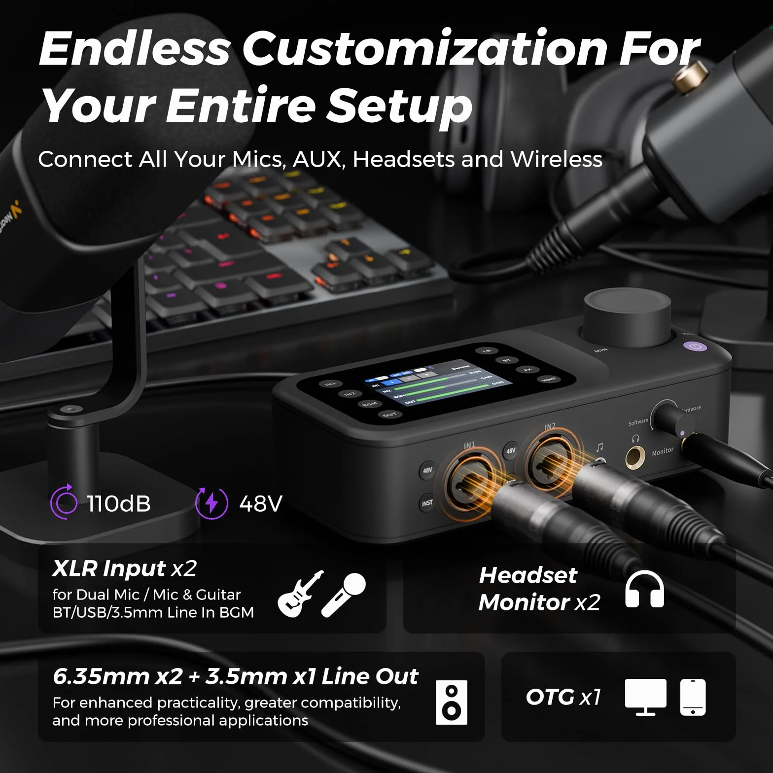 AMIX40U Interfejs audio z przedwzmacniaczem Pro, 10 kanałów, Dual XLR/6,35 mm, 48 V Phantom Power, Bluetooth, LCD