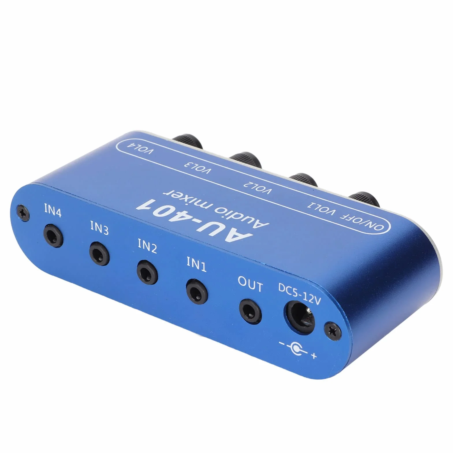 Mini mikser audio, 4-kanałowy mikser liniowy z gniazdem stereo 3,5 mm, 4 wejścia 1 wyjście stereo, mikser stereo DC 5 V-12 V do komputera, telefonu, laptopa, słuchawek, małych klubów lub barów