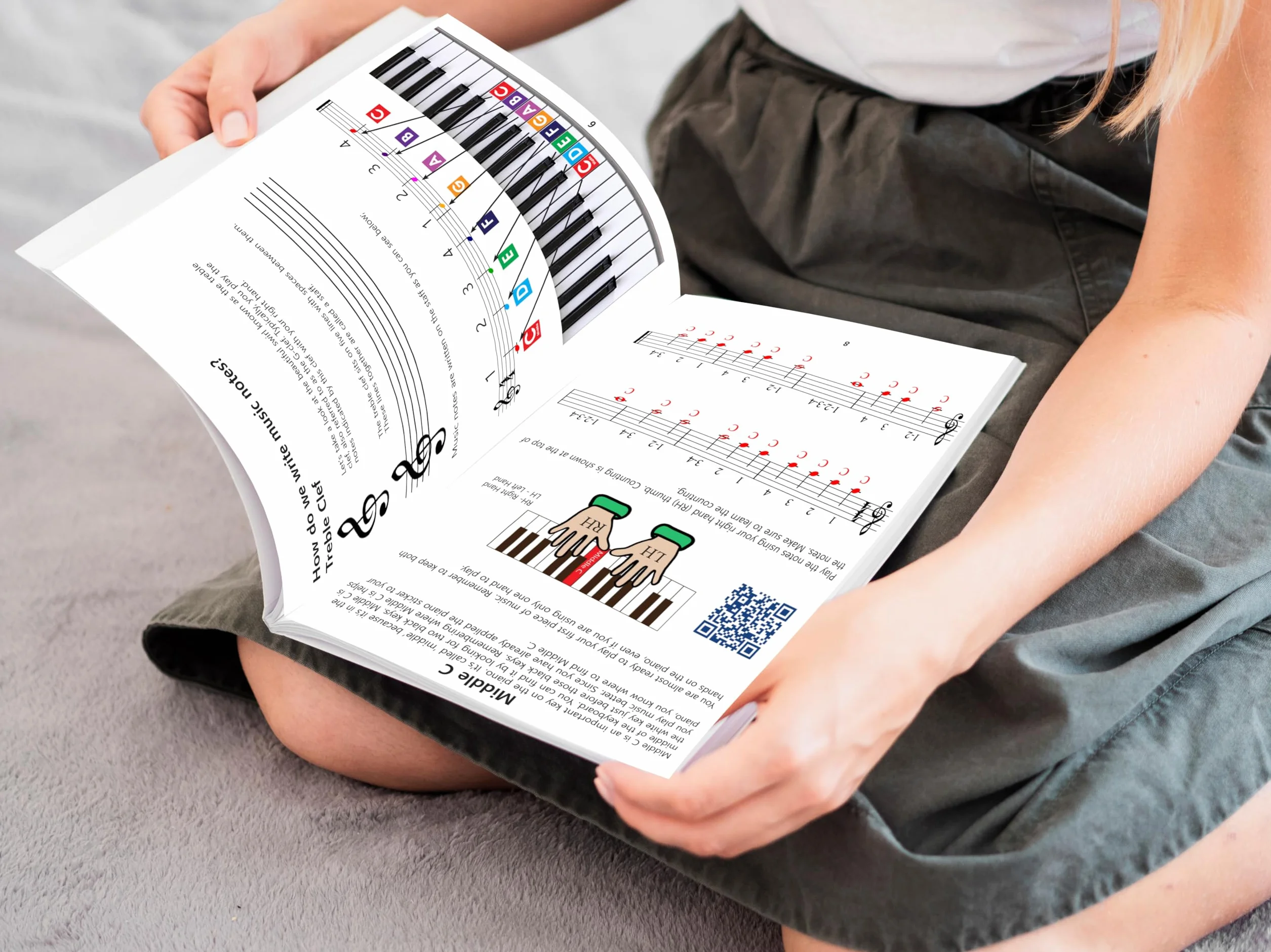 Wykres notatek z fortepianem i klawiaturą oraz kompletna nuta kolorów lekcja muzyki fortepianowej i przewodnik dla dzieci i początkujących; zaprojektowany i wydrukowany w USA