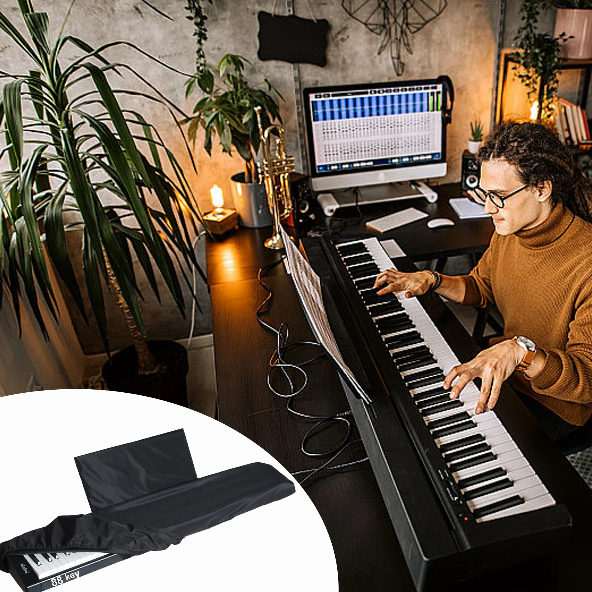 Osłona przeciwpyłowa klawiatury fortepianowej z 88 przyciskami, osłona klawiatury z osłoną stojaka, osłona na pianino elektryczne, pyłoszczelna i nadająca się do prania, stojak na nuty, klawisze
