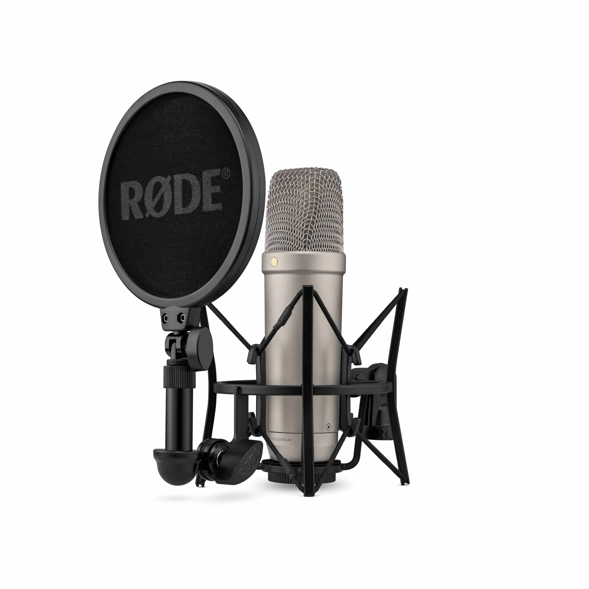 RØDE Studyjny mikrofon pojemnościowy NT1 5. generacji z dużą membraną, wyjściami XLR i USB, mocowaniem antywstrząsowym oraz pop filtrem do produkcji muzycznej, nagrywania wokalu i podcastów, Srebrny