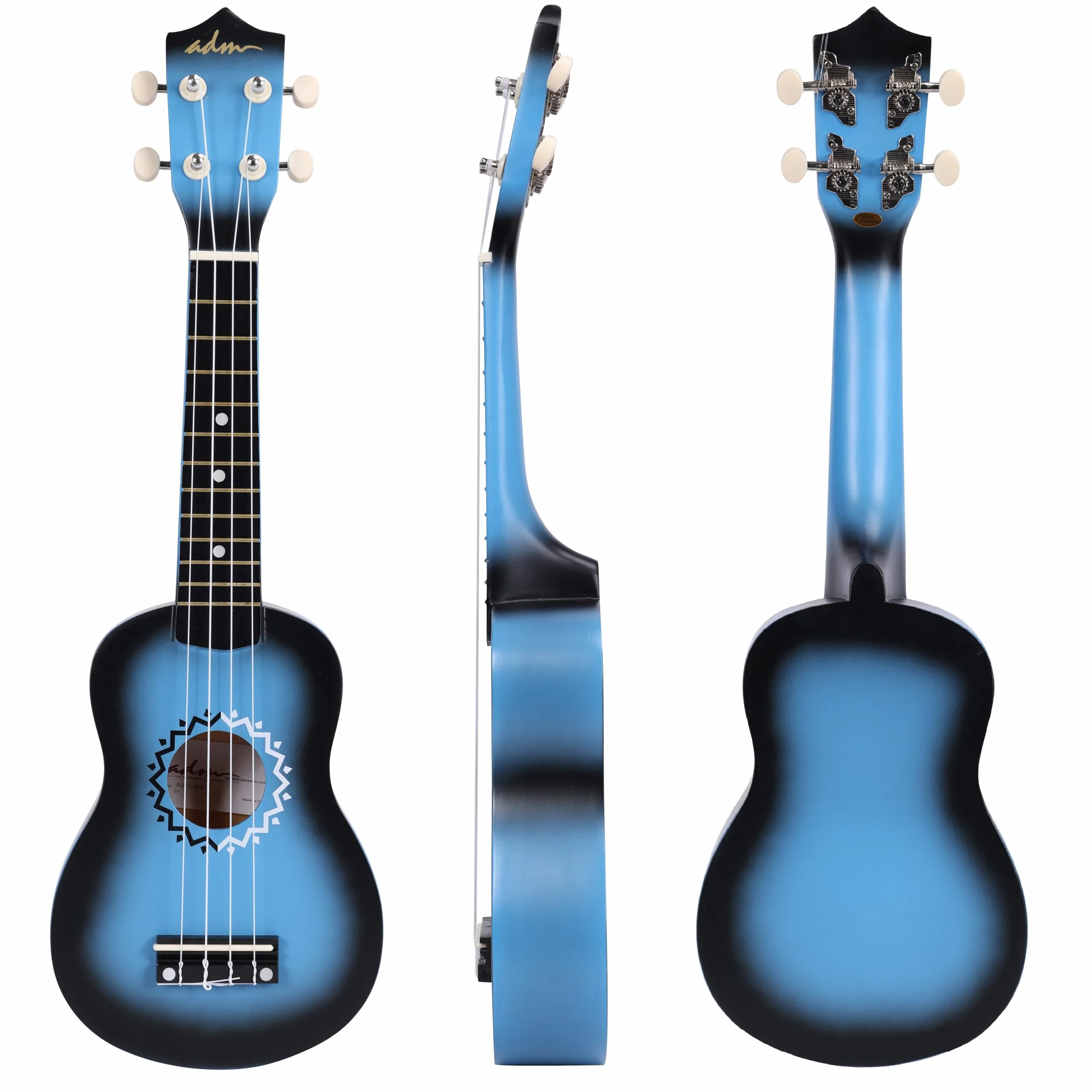 ADM Zestaw ukulele sopranowe dla dzieci i początkujących, zestaw startowy do ukulele z torbą, tuner z klipsem, tęczowe struny, kolorowy pasek, plektron, naklejki na podstrunnicę, karta akordów, AU01L