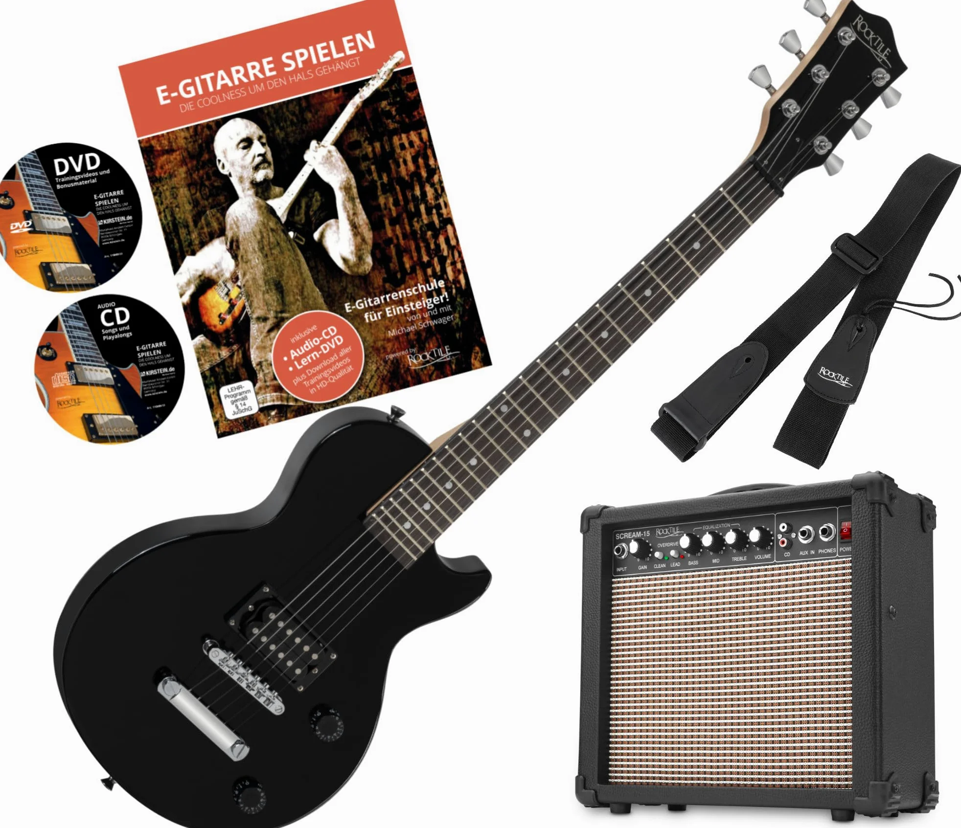 Rocktile L-50B Junior 3/4 menzura zestaw gitara elektryczna dla dzieci w wieku 6-12 lat, wzmacniacz, pasek, kabel), czarna