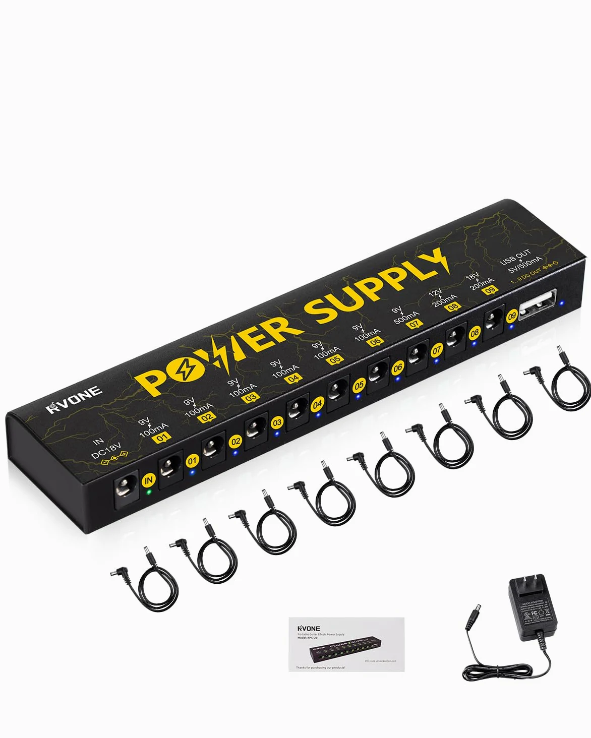 RVONE Zasilacz do pedałów gitarowych z 10 izolowanymi wyjściami DC i USB, ochroną przed zwarciem, redukcja szumów, stabilne zasilanie 9 V/12 V/18 V do pedałów efektów (Lightning Yellow)