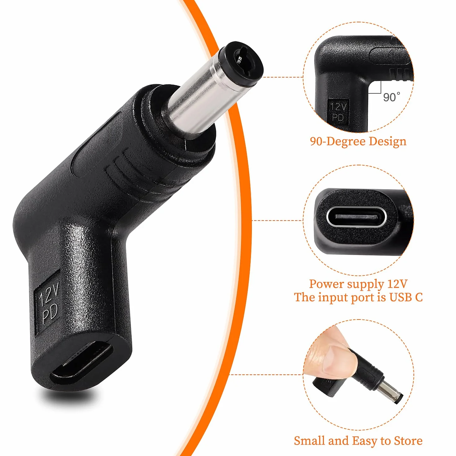 USB C do DC 12V Adapter, USB 3.1 Typu C USB-C Żeński do DC 5.5x2.1 mm Męski Adapter PD Emulator Trigger 90 Stopni Kątowy, do Routerów, Modemów Optycznych, Sprzętu Monitorującego