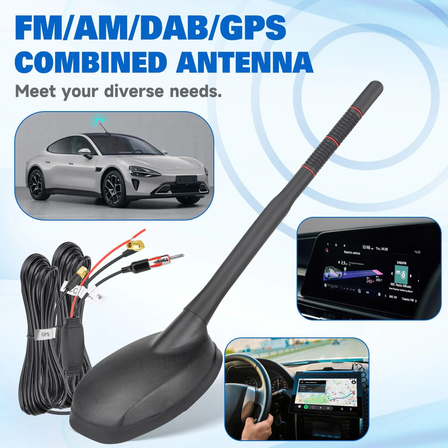 Eightwood Active DAB DAB+ antena samochodowa radio cyfrowe GPS DAB FM antena samochodowa antena dachowa antena samochodowa ze wzmacniaczem ze złączem SMB/SMA DIN adapter radio samochodowe rozdzielacz