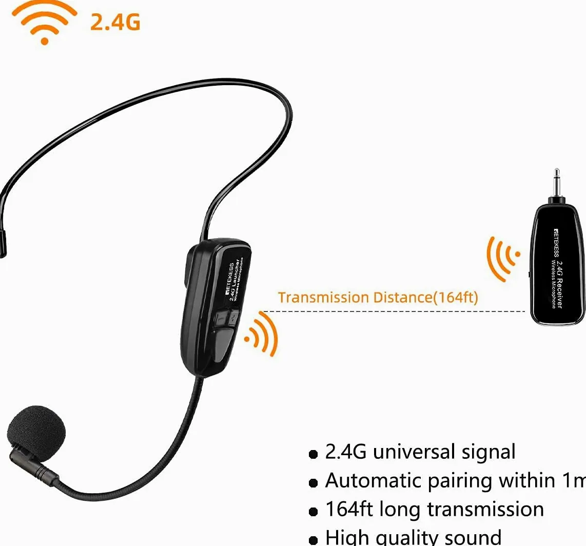Retekess TT123 System Mikrofonu Bezprzewodowego,Mikrofon i Zestaw Słuchawkowy ze Wzmacniaczem, 2 w 1, Akumulator, 2,4G, Bezprzewodowy Zestaw Słuchawkowy z Mikrofonem, do Wzmacniacza głosu, Nauczanie