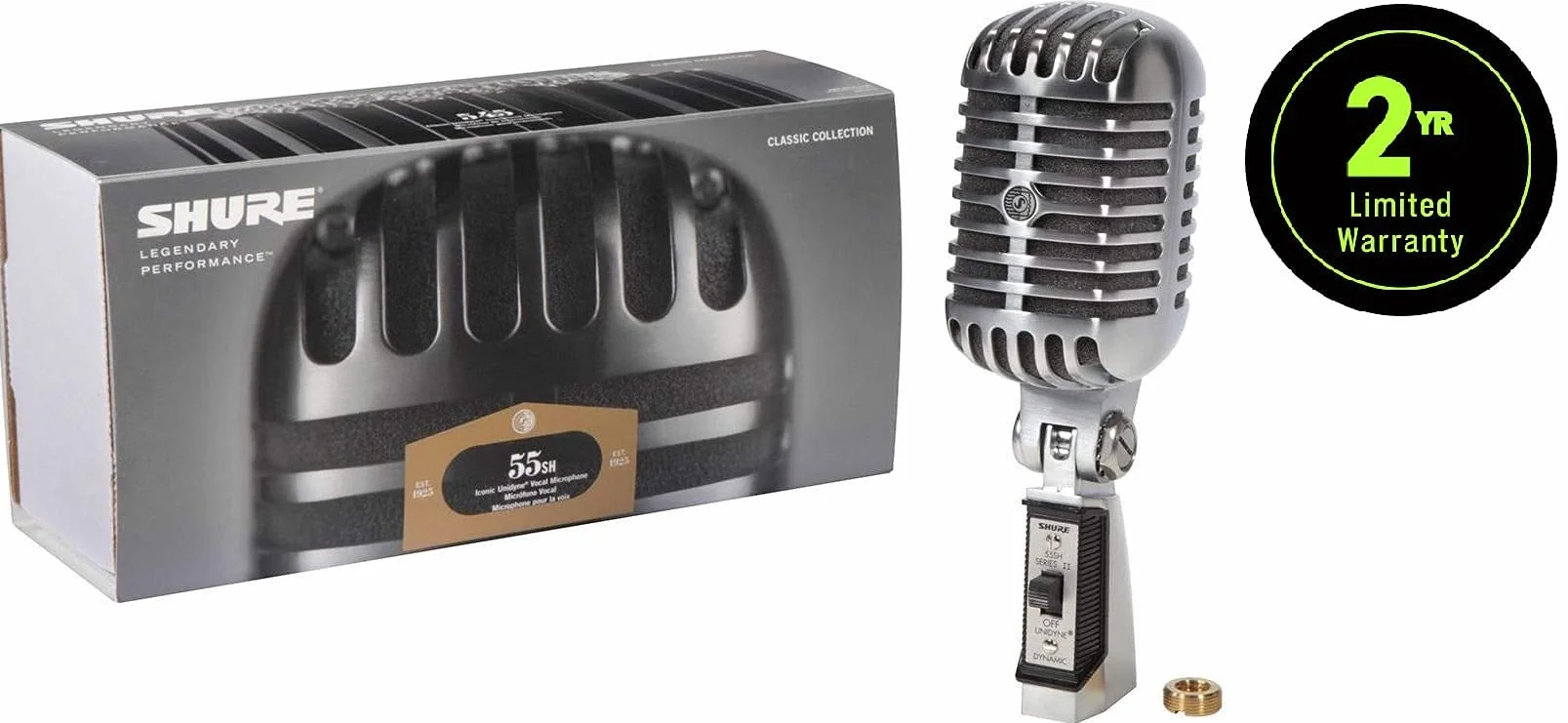 Shure 55sh Series II Iconic Unidyne Dynamiczny mikrofon wokalny, klasyczny, z kardioidalną charakterystyką kierunkową do występów na żywo, mikrofon z adapterem gwintu