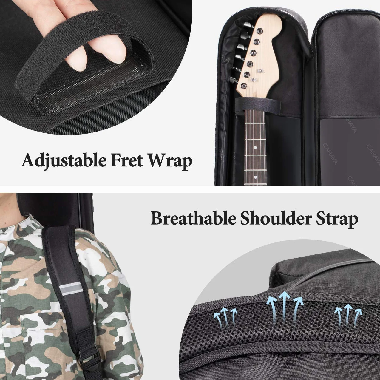 CAHAYA Wysokiej jakości wyściełany pokrowiec na gitarę elektryczną, ochraniacz Gig Bag ok. 12 mm z paskami odblaskowymi, czarny CY0201, czarny, Rembourrage de 12 mm, Nowoczesny
