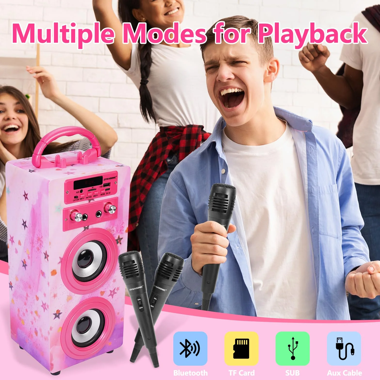 DYNASONIC Przenośna maszyna do karaoke, 2 mikrofony, głośnik Bluetooth, światła, czytnik USB i SD, prezent dla dzieci w wieku 5-13 lat (025-15 LIGHTS)