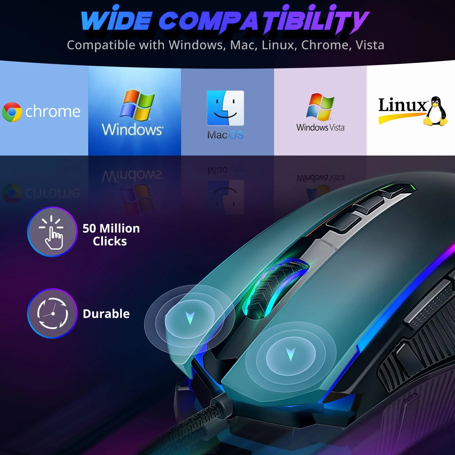 Redragon Mysz gamingowa RGB, przewodowa z 9 programowalnymi przyciskami makro, chromowane podświetlenie RGB, regulacja 8000 DPI, mysz do gier komputerowych z przyciskiem Fire do Windows/Mac, czarna,