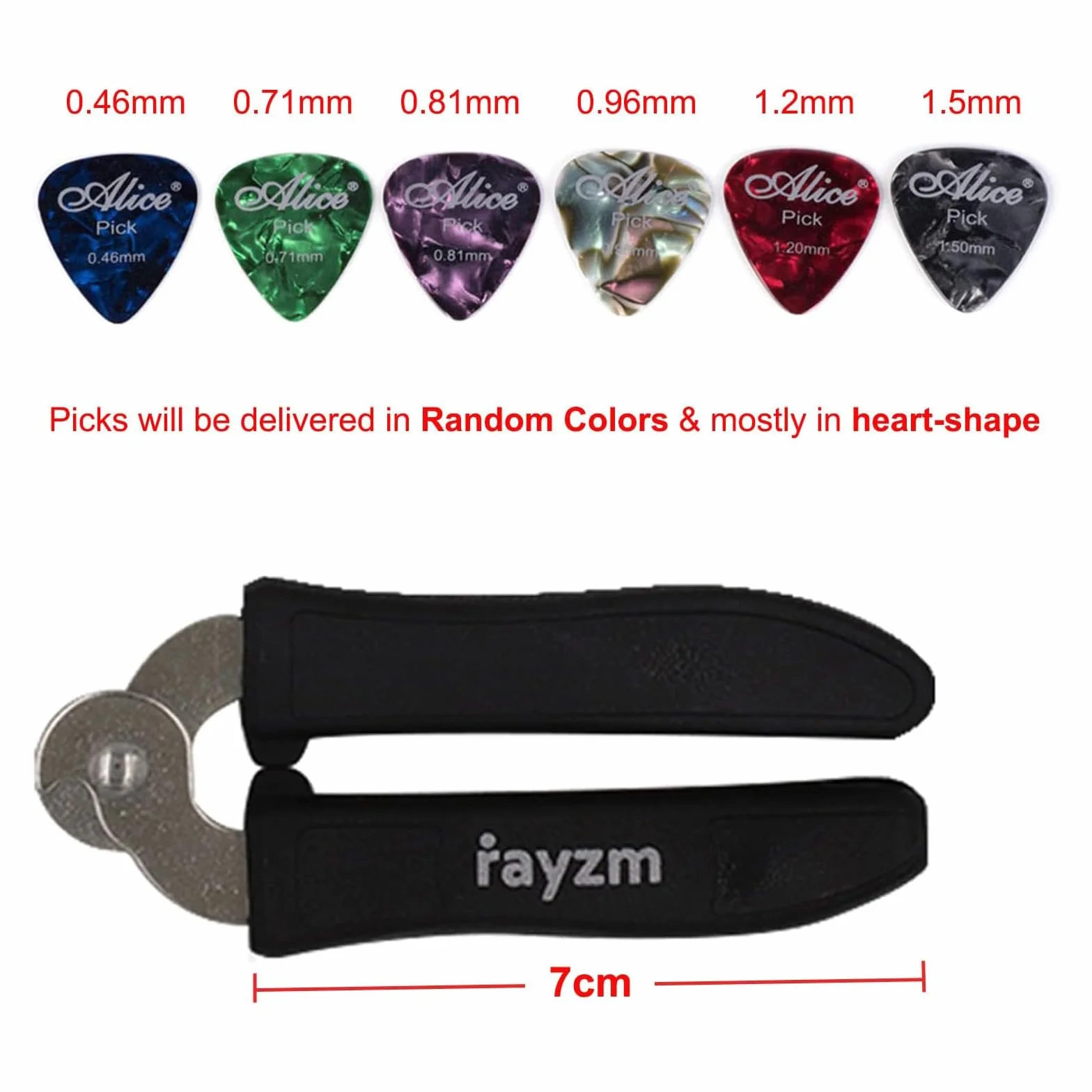 Rayzm Nawijarka do kołków gitarowych/Obcinaczka do strun gitarowych/Ekstraktor szpilek mostkowych, 6 szt. celuloidowych kostek gitarowych/plektronów, Ściereczka do polerowania gitary z mikrofibry