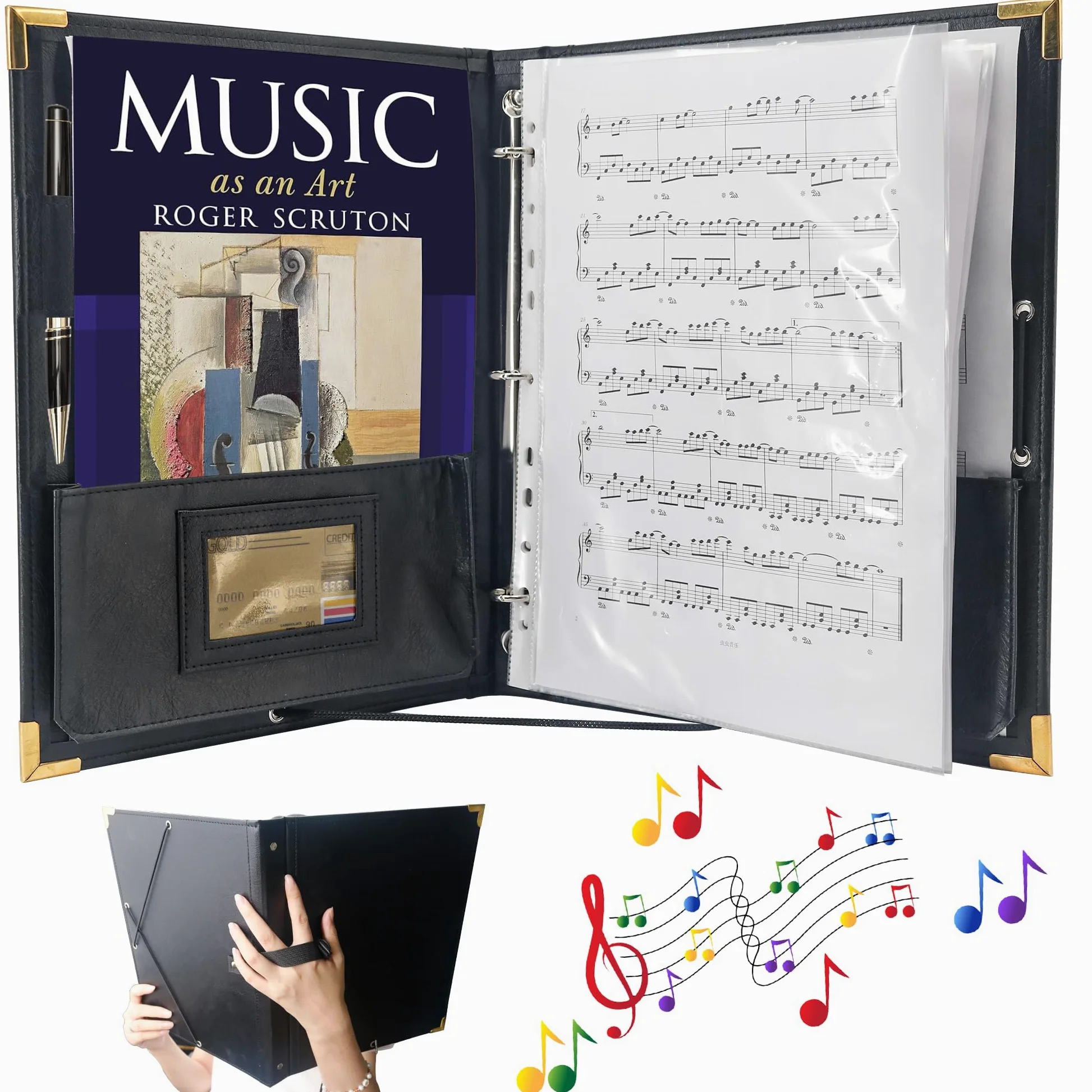 IvyRobes Folder muzyczny ze skóry PU, czarny, 3 pierścienie, 32 x 25 cm, segregator muzyczny, teczka chóralna z elastyczną taśmą, 10 kieszeni na arkusze, rozmiar 20 x 30 cm, A4, 9 x 12