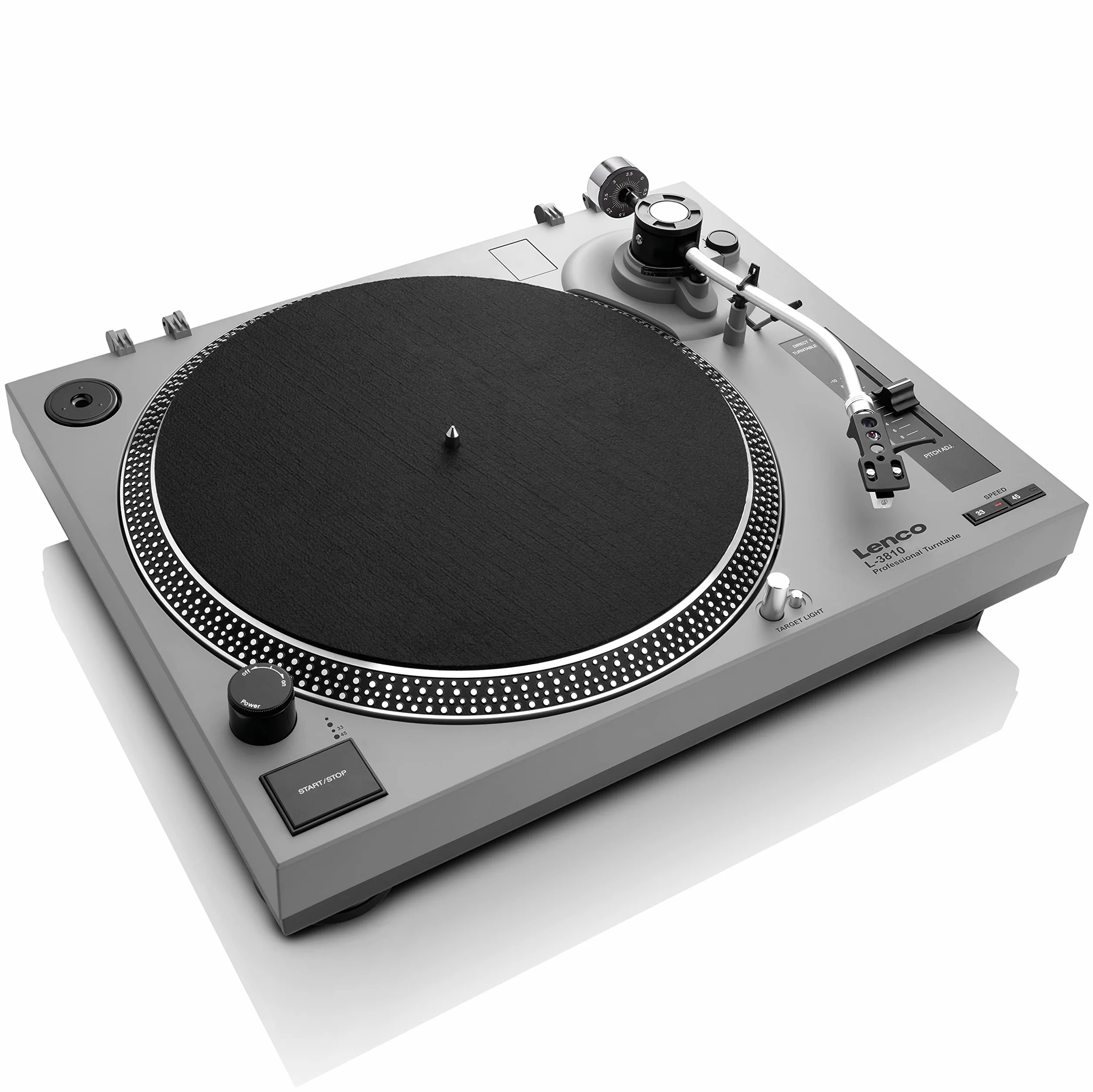 Lenco L-3810 gramofon z napędem bezpośrednim – gramofon DJ – 33/45 obr./min – Pitch Control – system magnetycznego odbiornika dźwięku – oświetlenie igły, kontrola Pitch Control – matowy szary