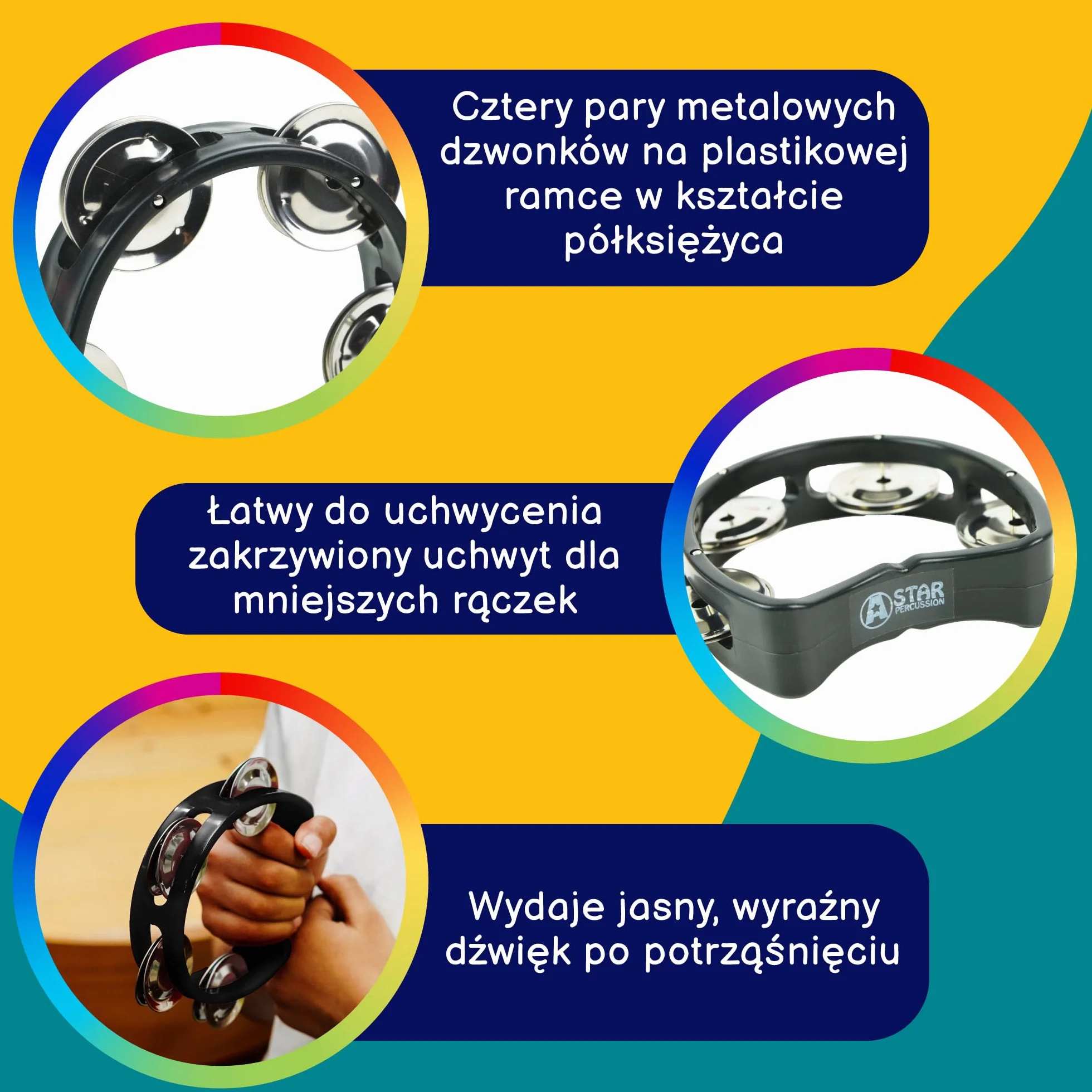 A-Star Mały plastikowy tamburyn z wycięciem w kształcie półksiężyca, 4 pojedyncze metalowe dzwonki - czarny