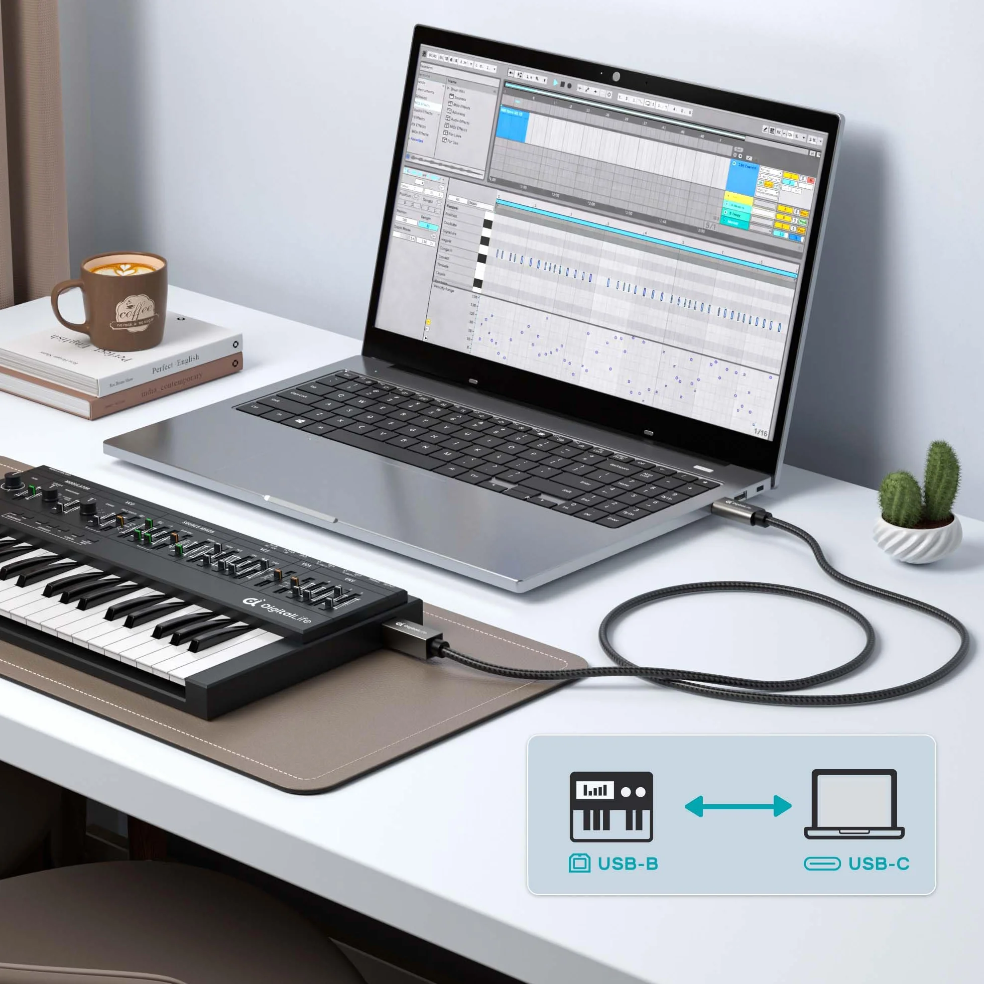 DigitalLife FlexMIDI Pro 2M Kabel MIDI USB-C do USB-B do Pianina, Klawiatur MIDI i Interfejsów Audio, Kompatybilny z Windows, macOS i Linux | Oplot Nylonowy, MIDI-CB200-II