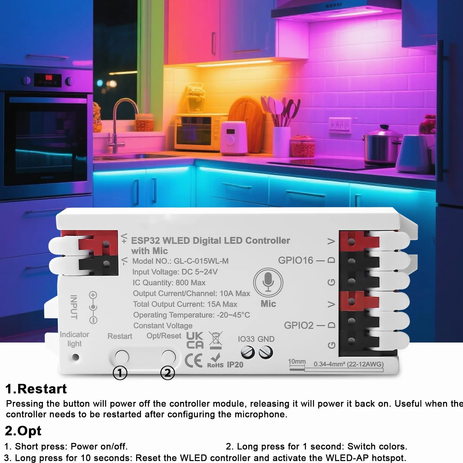 ESP32 WLED kontroler LED adresowalny z mikrofonem do NeoPixel WS2812B WS2811 SK6812 DC5-24V RGB RGBW