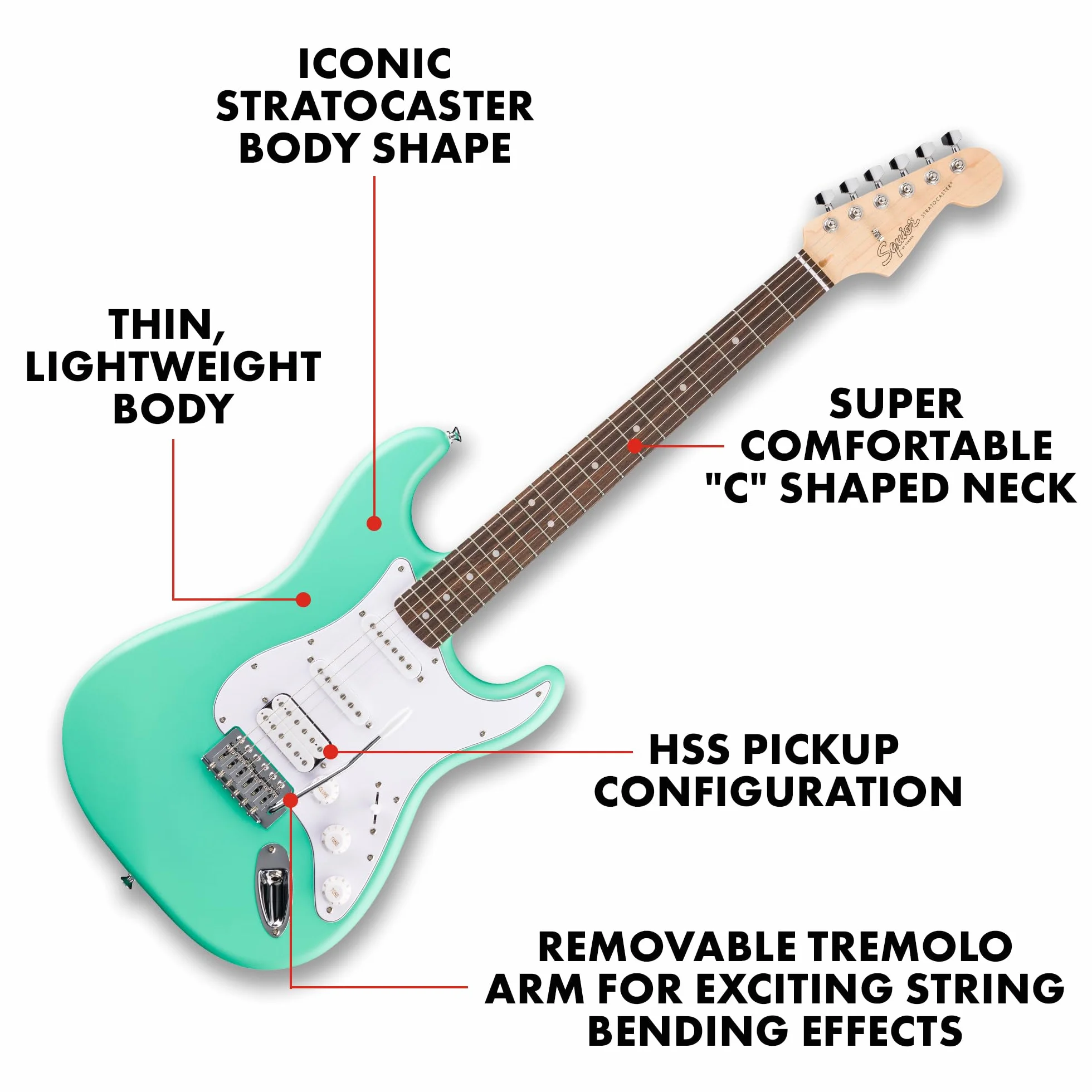 Squier by Fender Debut Collection HSS Stratocaster gitara elektryczna, podstrunnica Laurel, biała maskownica, Seafoam Green