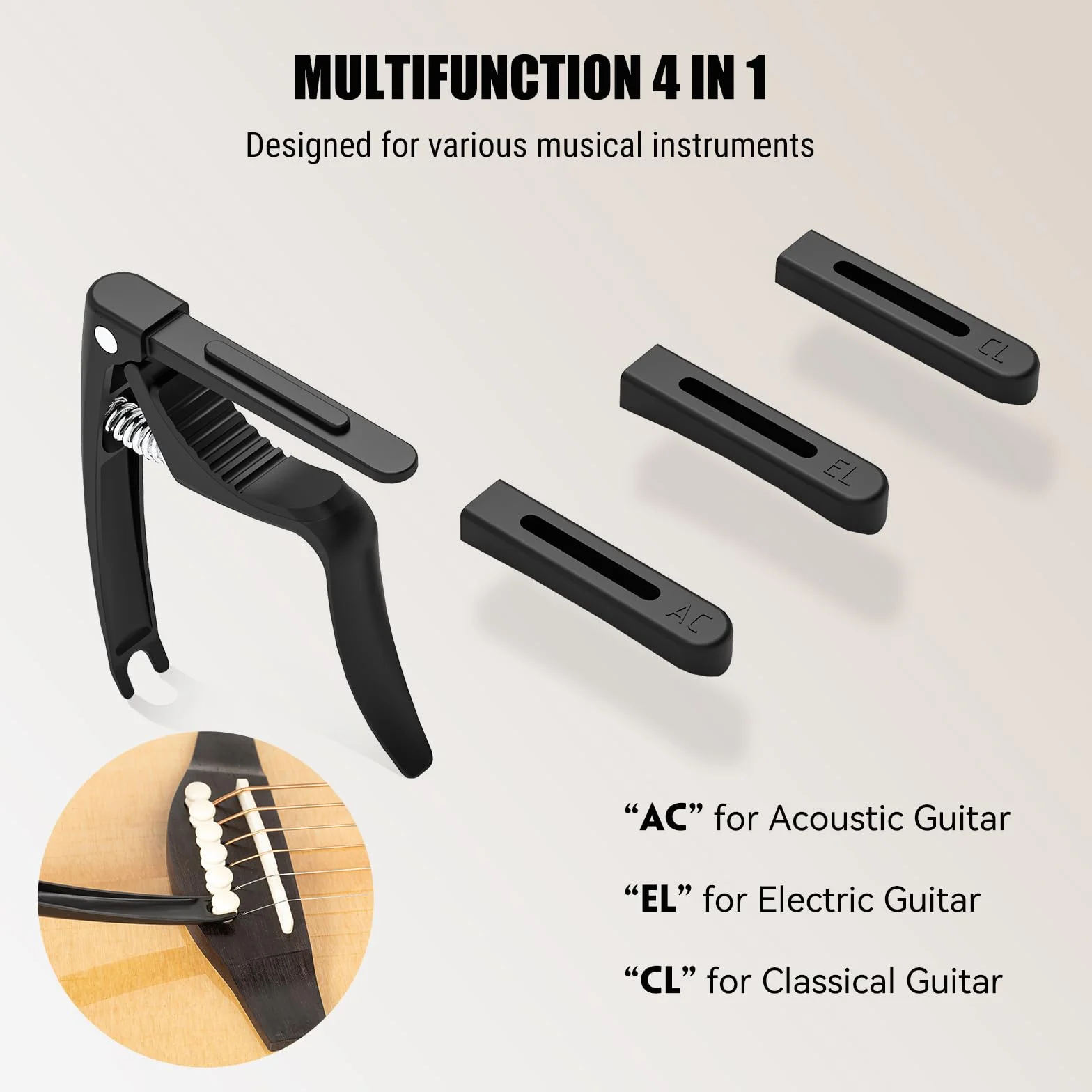 C3 Guitar Capo, 4 w 1 Gitara Kapodaster z Ściągacz do Mostka, Capo do Gitary Akustycznej Elektrycznej Klasyczna Basowej Ukulele Banjo, 3 Głowice Silikonowe, Akcesoria Gitarowe, Czarny