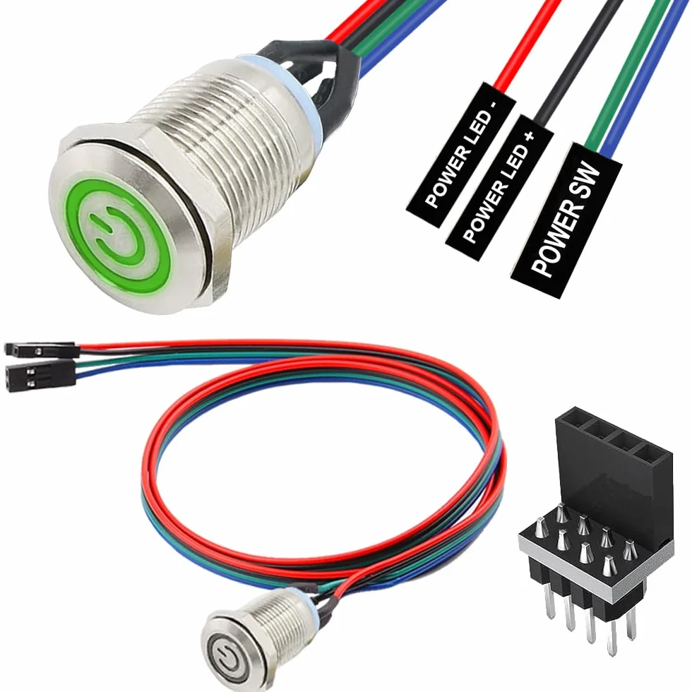 Metalowy kabel guzikowy przełącznik hosta LED ON/OFF ATX Power Button 12 mm zielony