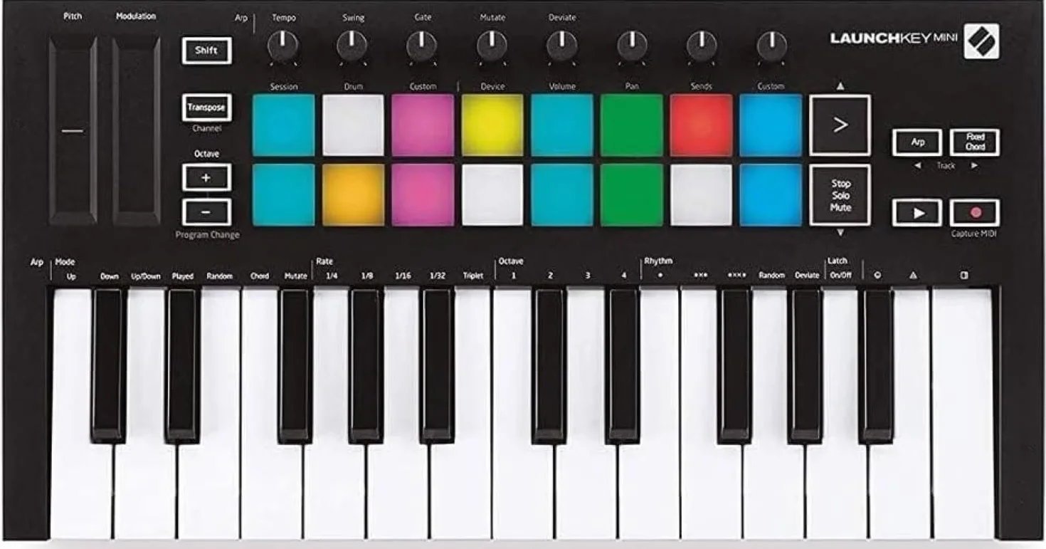 Novation Launchkey Mini (MK3), Kontroler klawiszowy MIDI, przenośny 25-klawiszowy, USB, z integracją z DAW Tryb Chord, tryb Scale i arpeggiator — do produkcji muzyki.